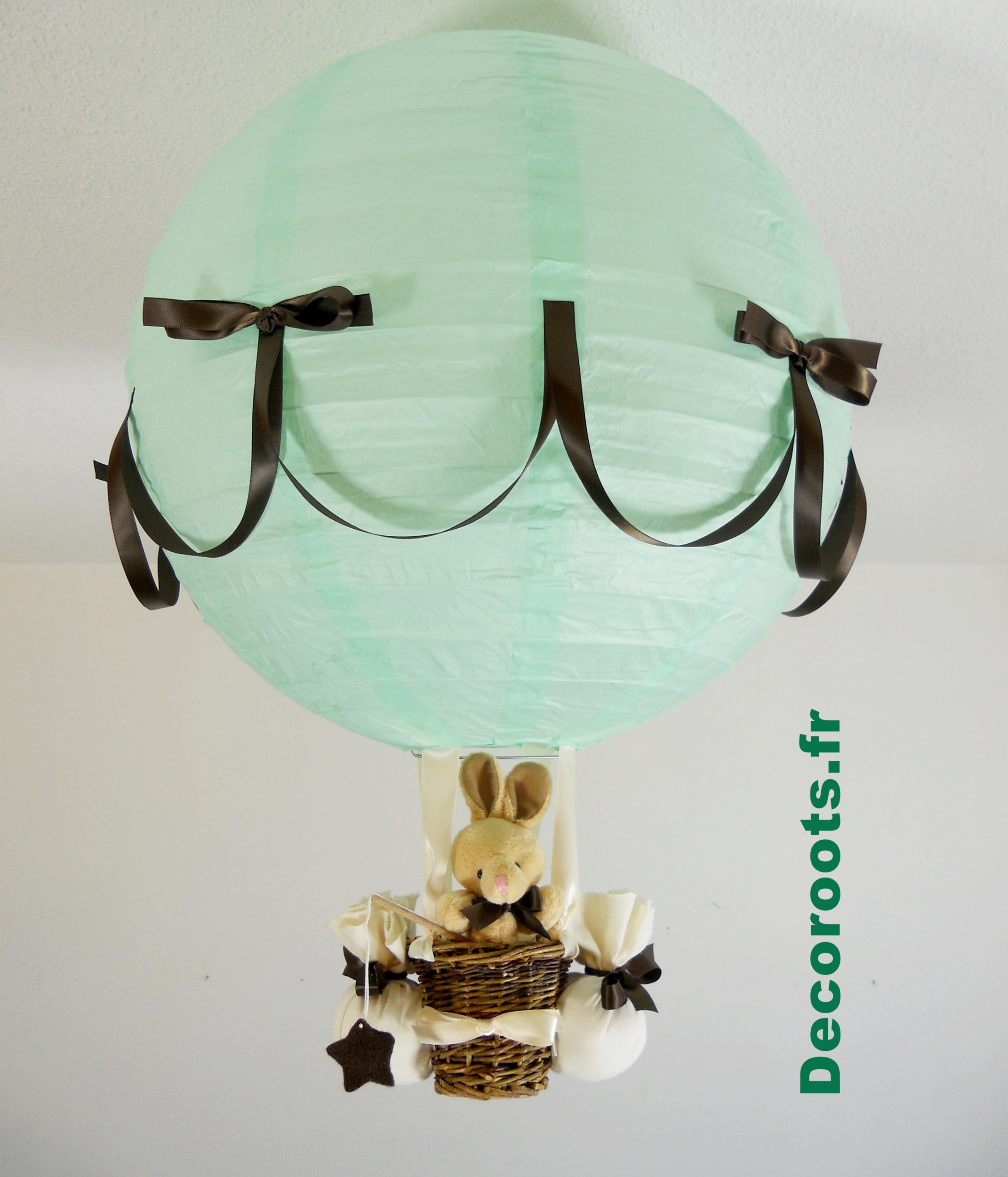 lampe montgolfière enfant lapin vert d'eau marron chocolat