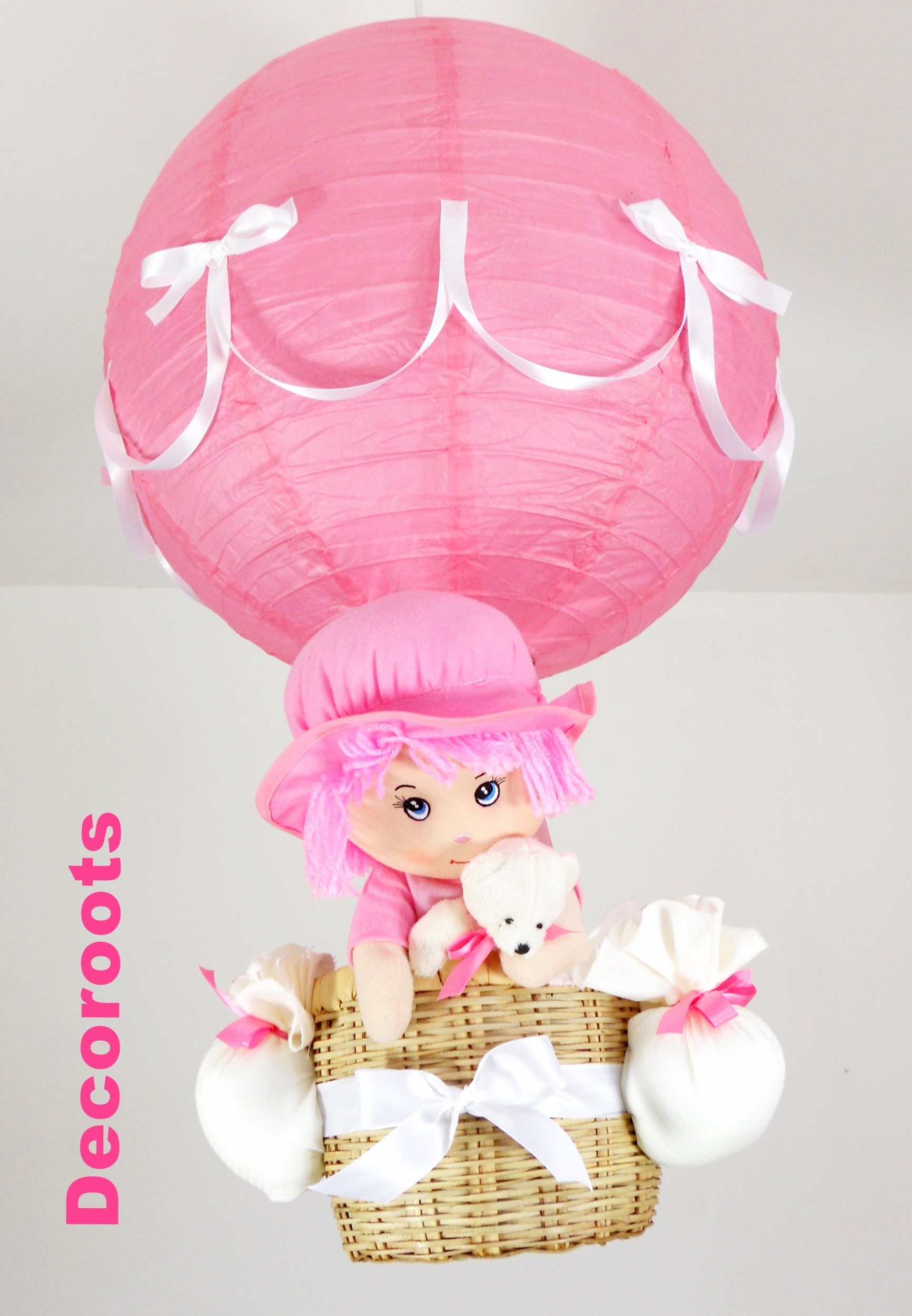 lampe montgolfière enfant bébé fille poupée ours peluche rose et blanc