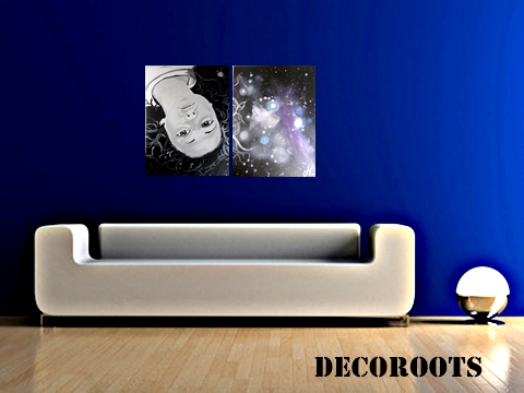 tableau design tête femme à lenvers espace cosmos galaxie étoile décoration contemporaine