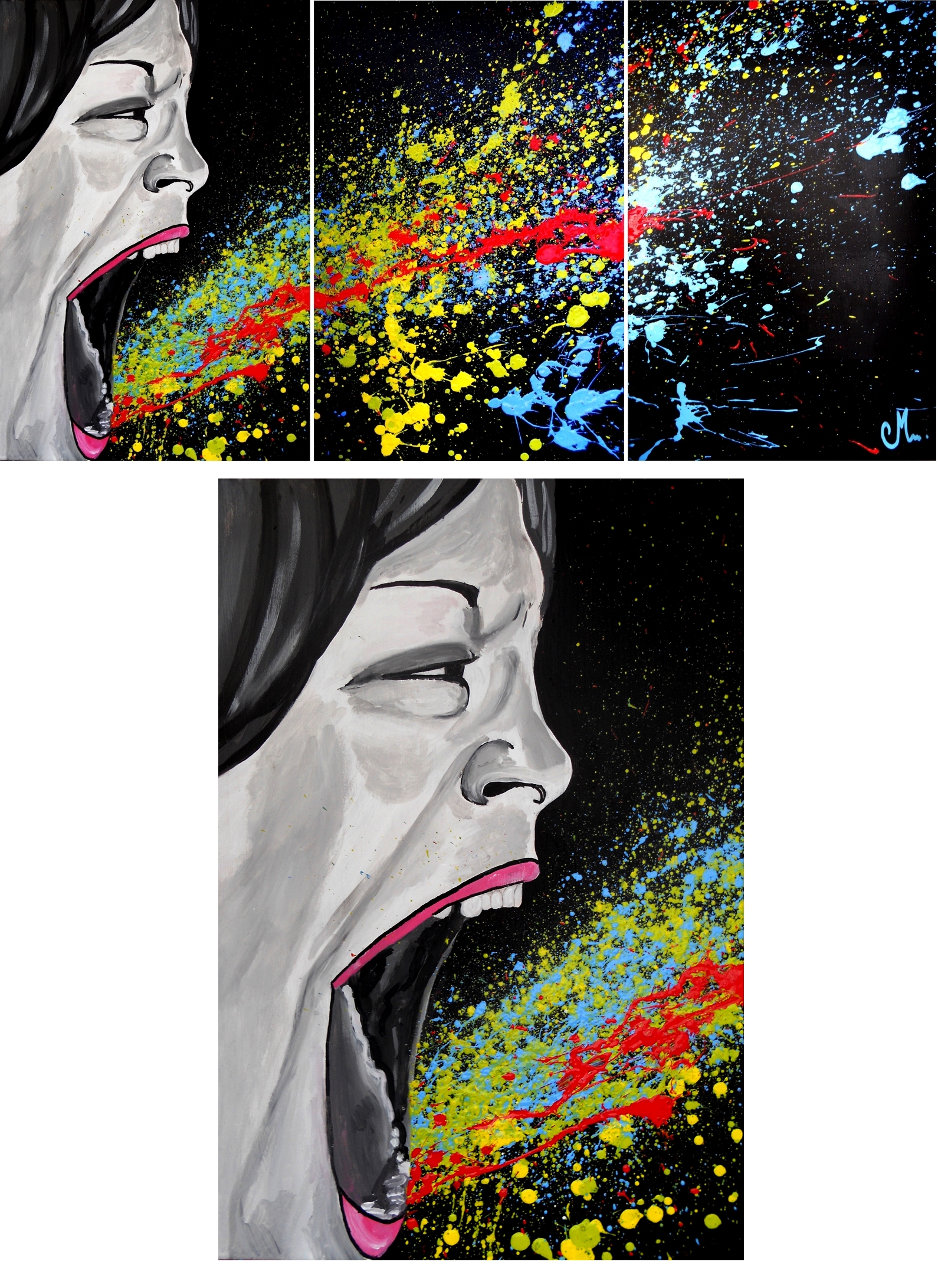 Tableau design contemporain noir et blanc multicolore: "listen me ...