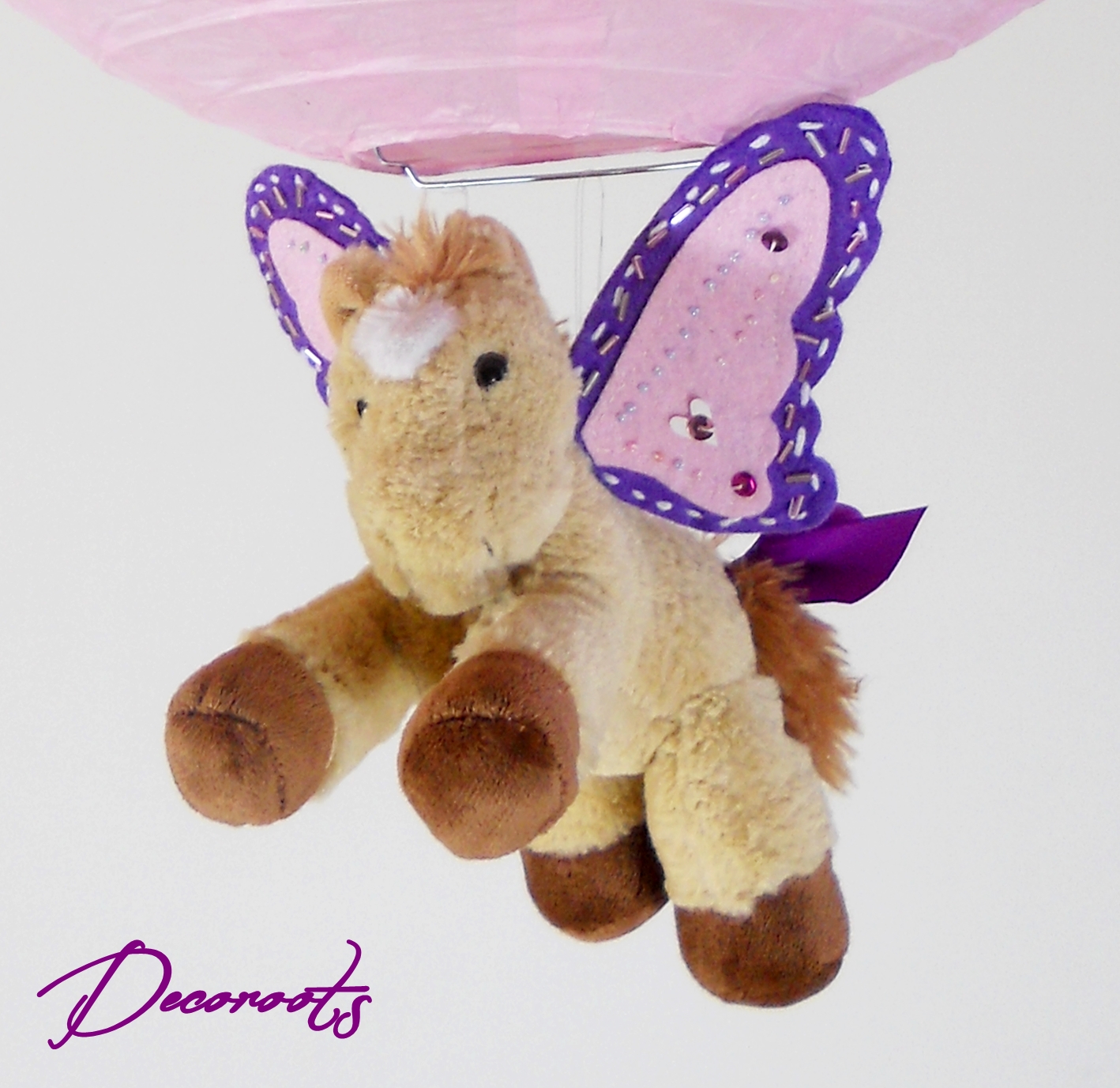 lampe montgolfière enfant suspension abat-jour rose violet parme cheval licorne poney ailé zoom