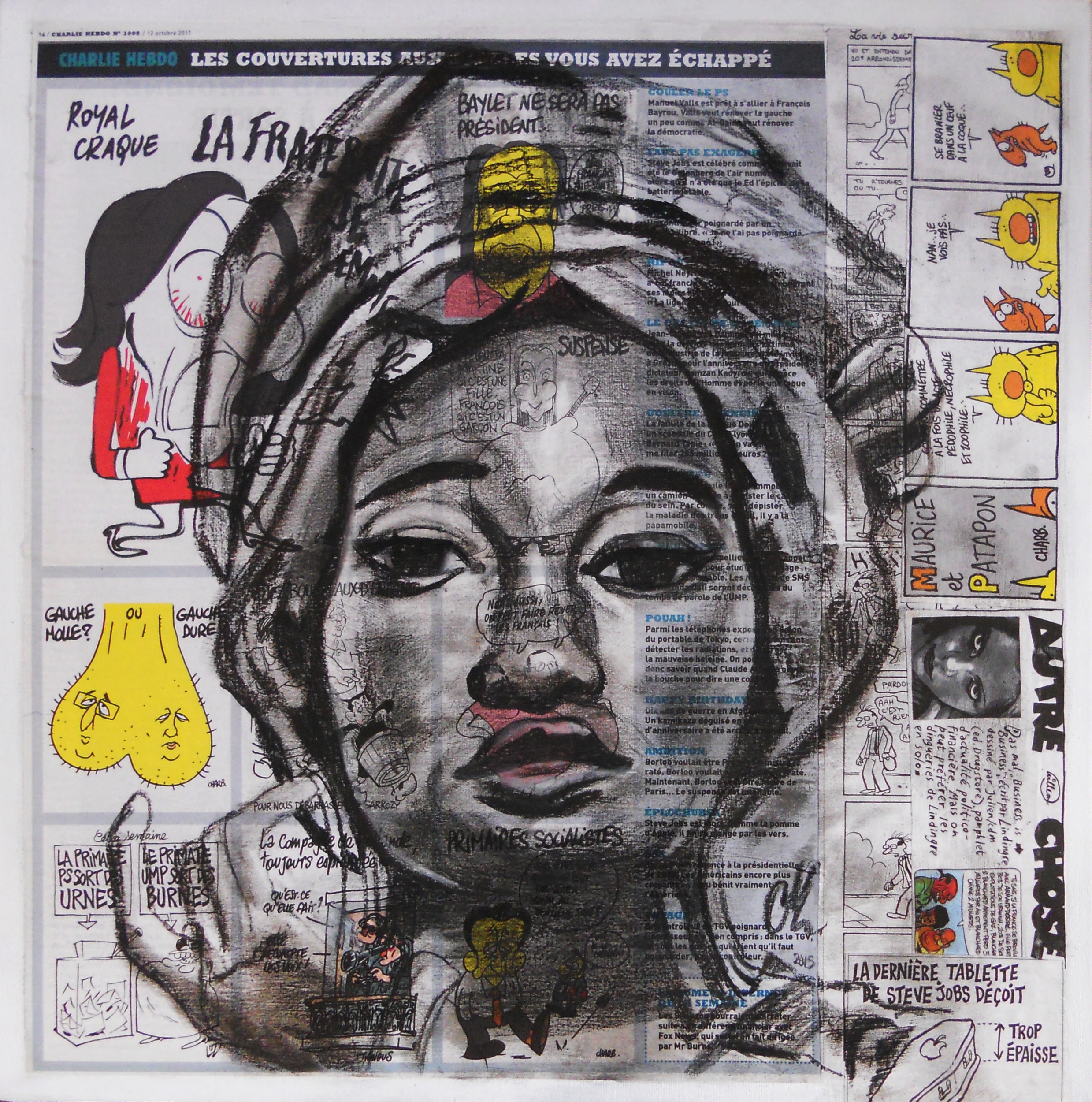 tableau art artiste contemporain africaine ethnique moderne nigéria papier journal fusain noir et blanc portrait