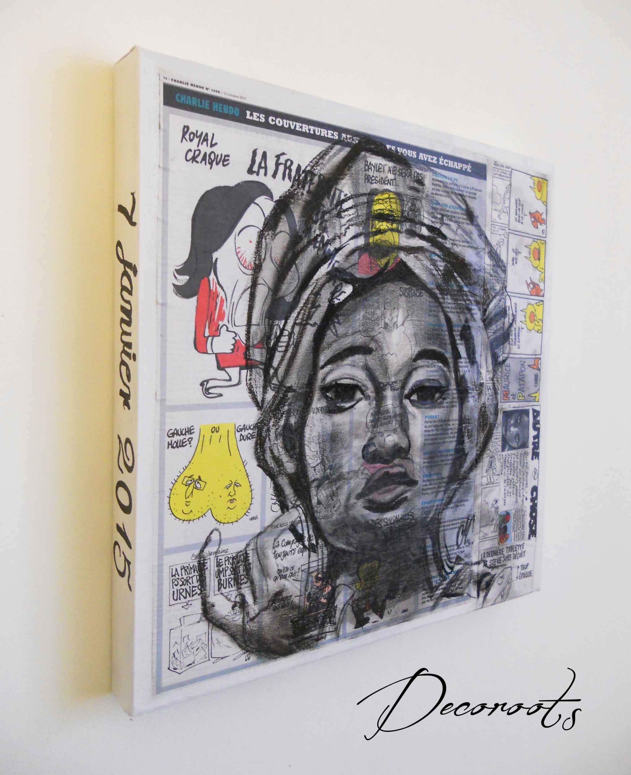tableau art artiste contemporain africaine ethnique moderne nigéria papier journal fusain noir et blanc portrait 8