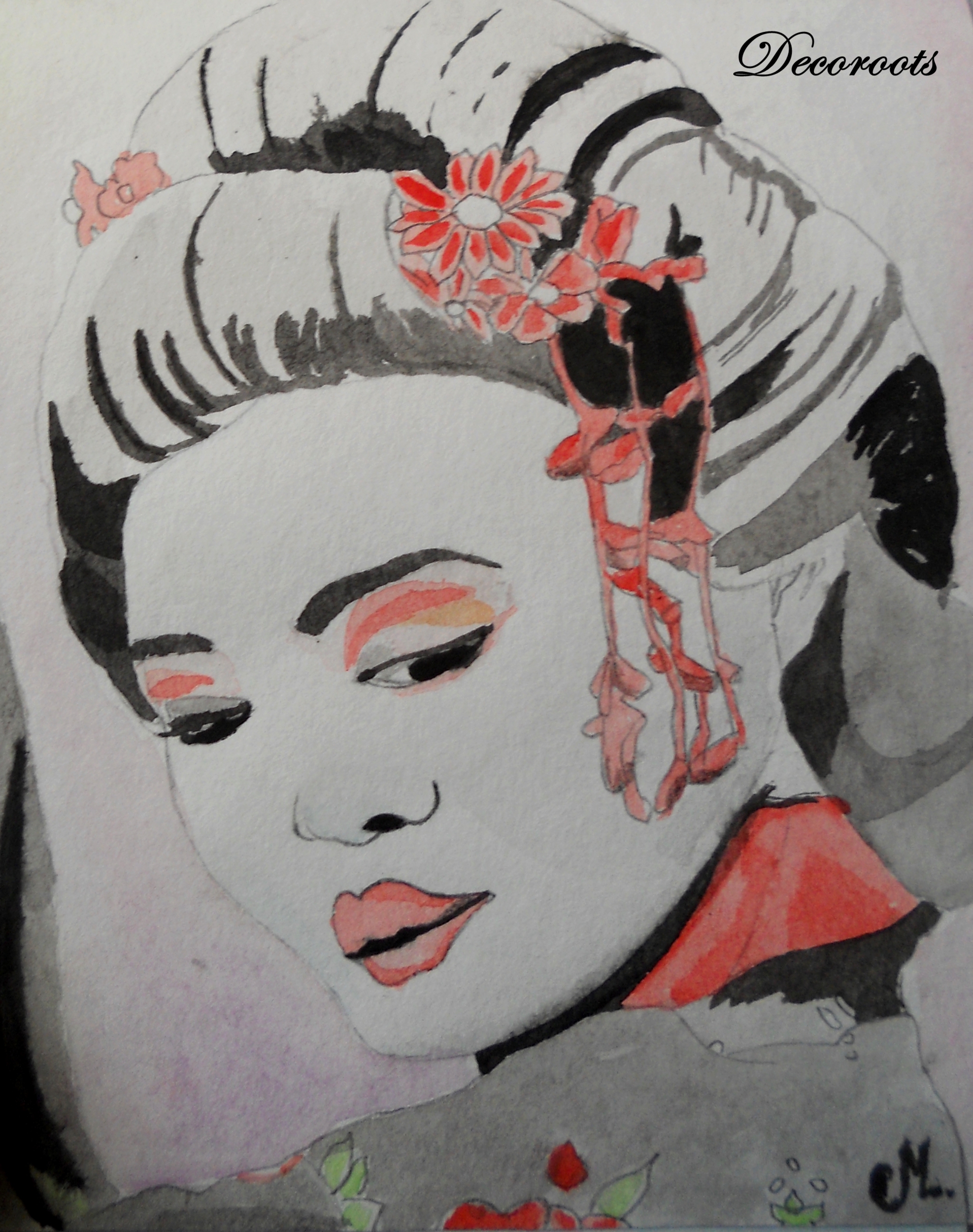 cadre déco aquarelle pinture geisha japon portrait femme noir rouge décoration