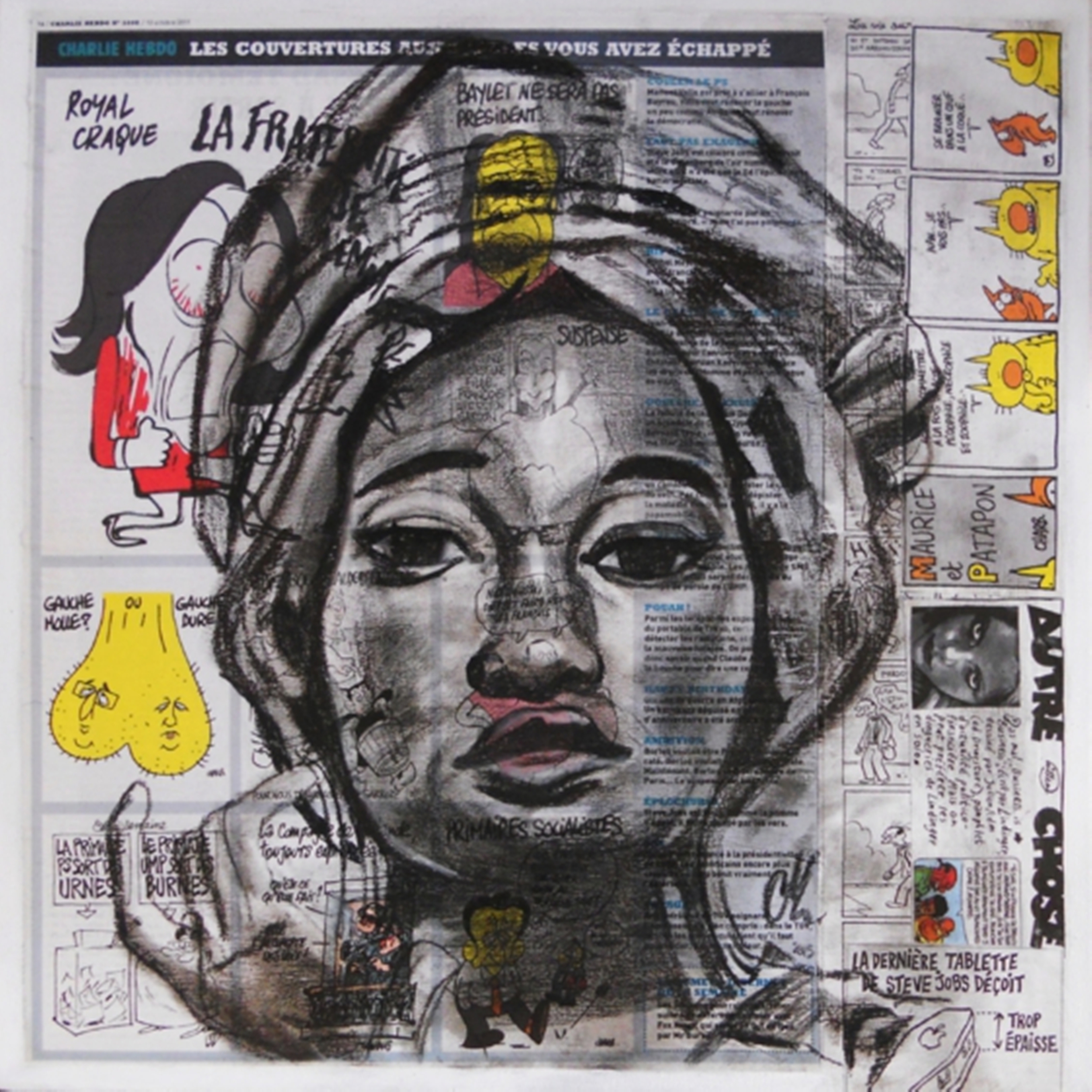 7130-p{561}-tableau-art-artiste-contemporain-africaine-ethnique-moderne-nigeria-papier-journal-fusain-noir-et-blanc-portrait