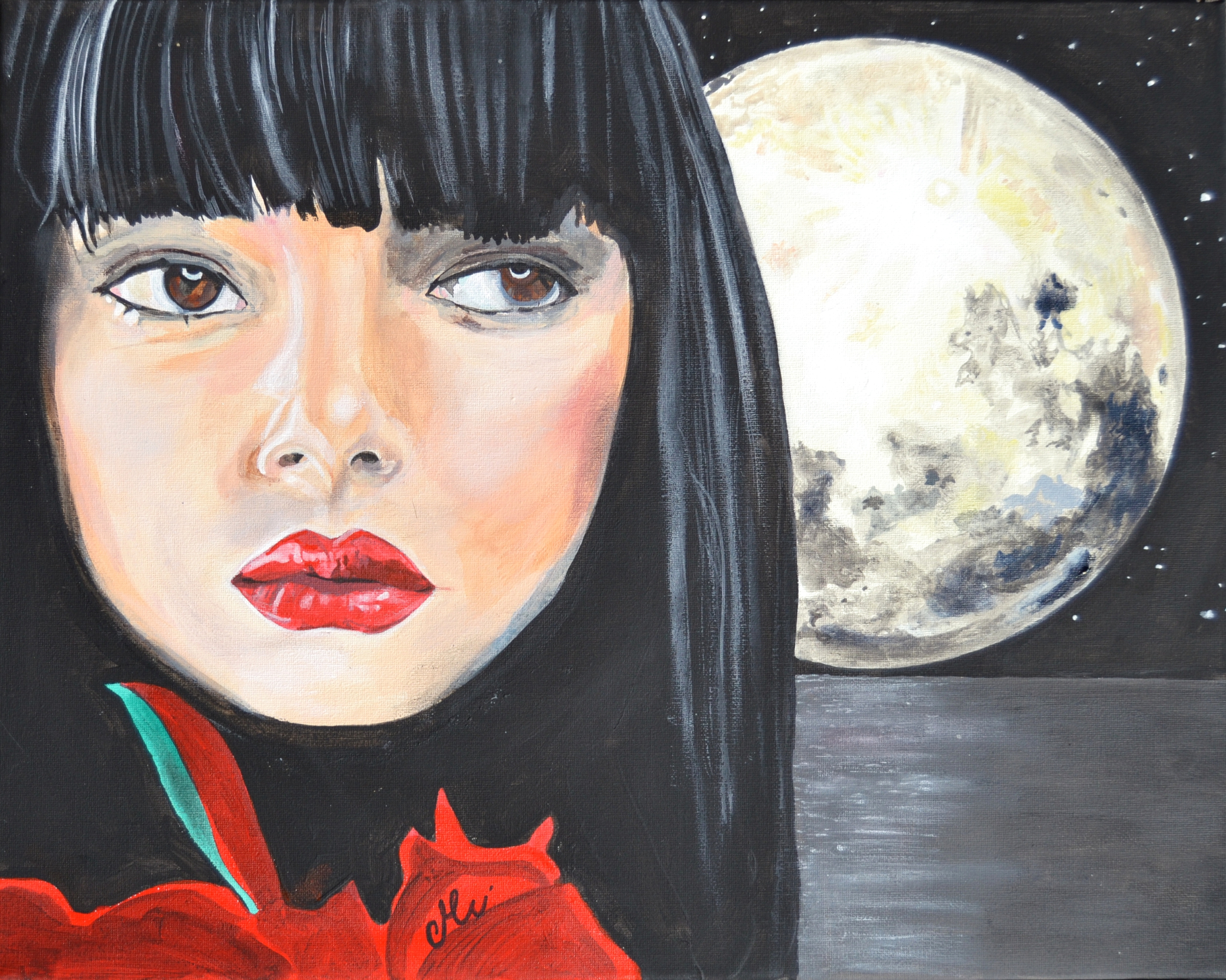 tableau art artiste femme lune noir rouge mer nuit