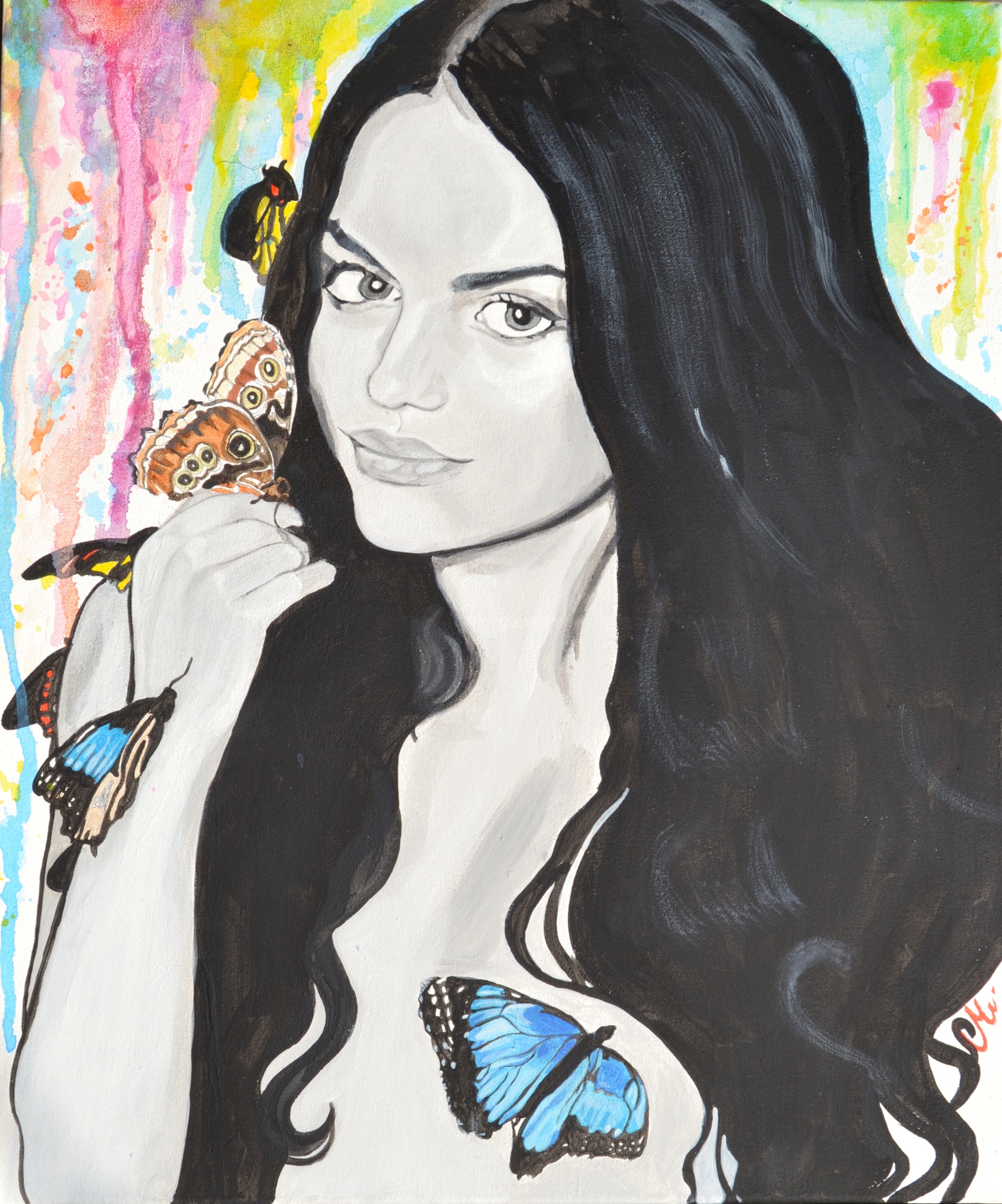 tableau design art femme nue papillon apaisant multicolore noir blanc