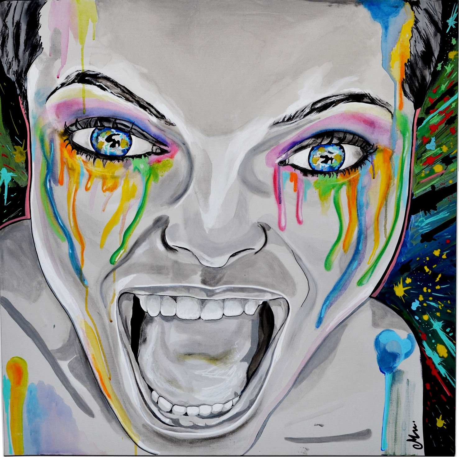 tableau art contemporain urbain visage femme noir et blanc multicolore peinture artiste