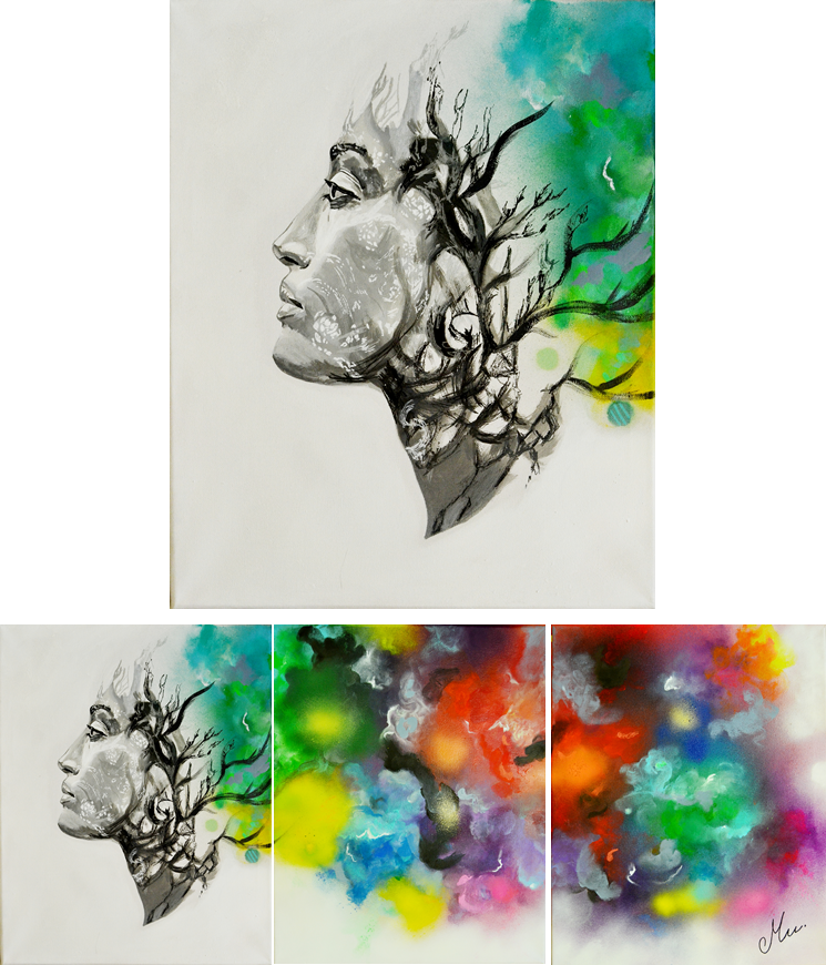 tableau art contemporain triptyque femme nature tache couleur nuage multicolore zen 2