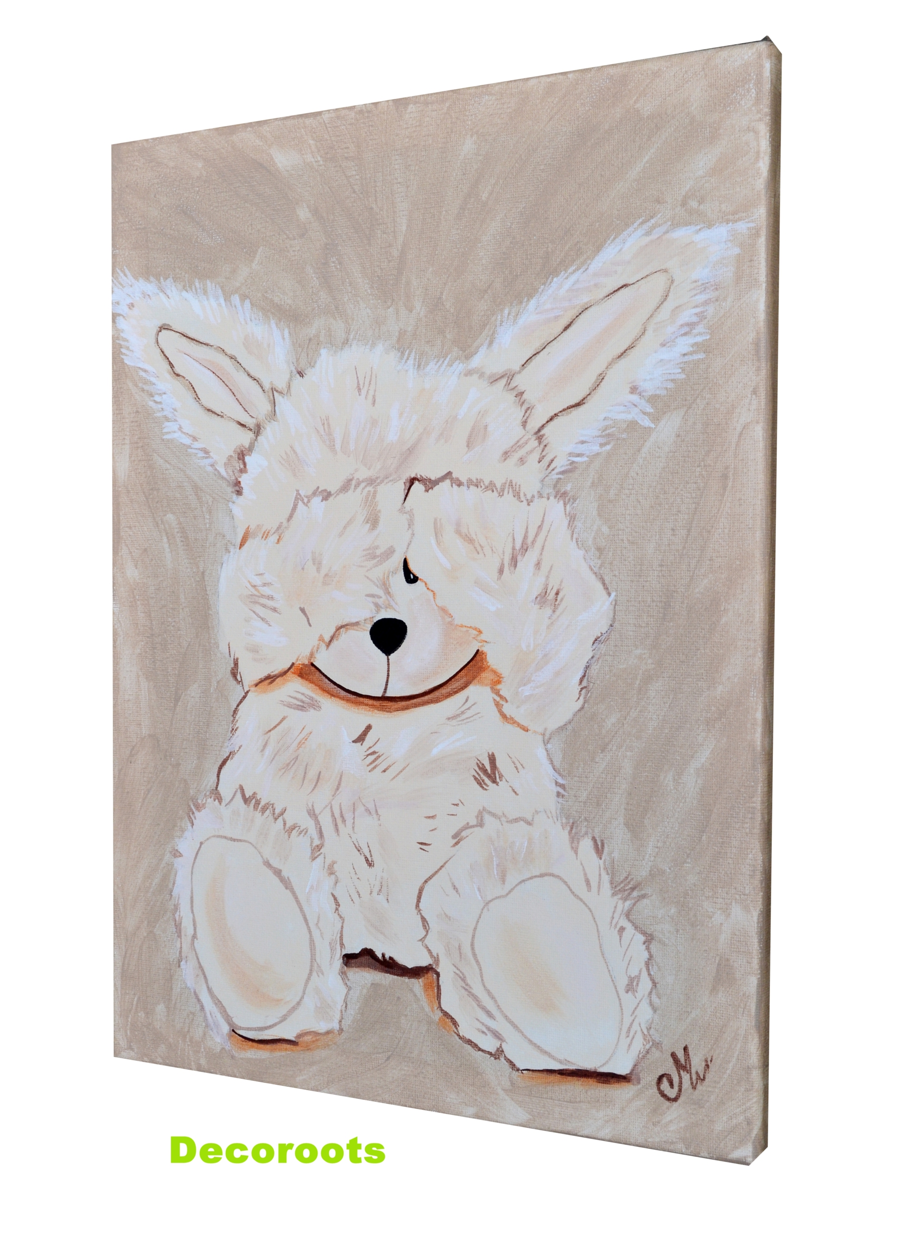 tableau enfant bébé lapin peluche taupe beige décoration
