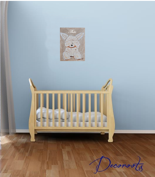 tableau enfant bébé lapin peluche taupe beige bleu