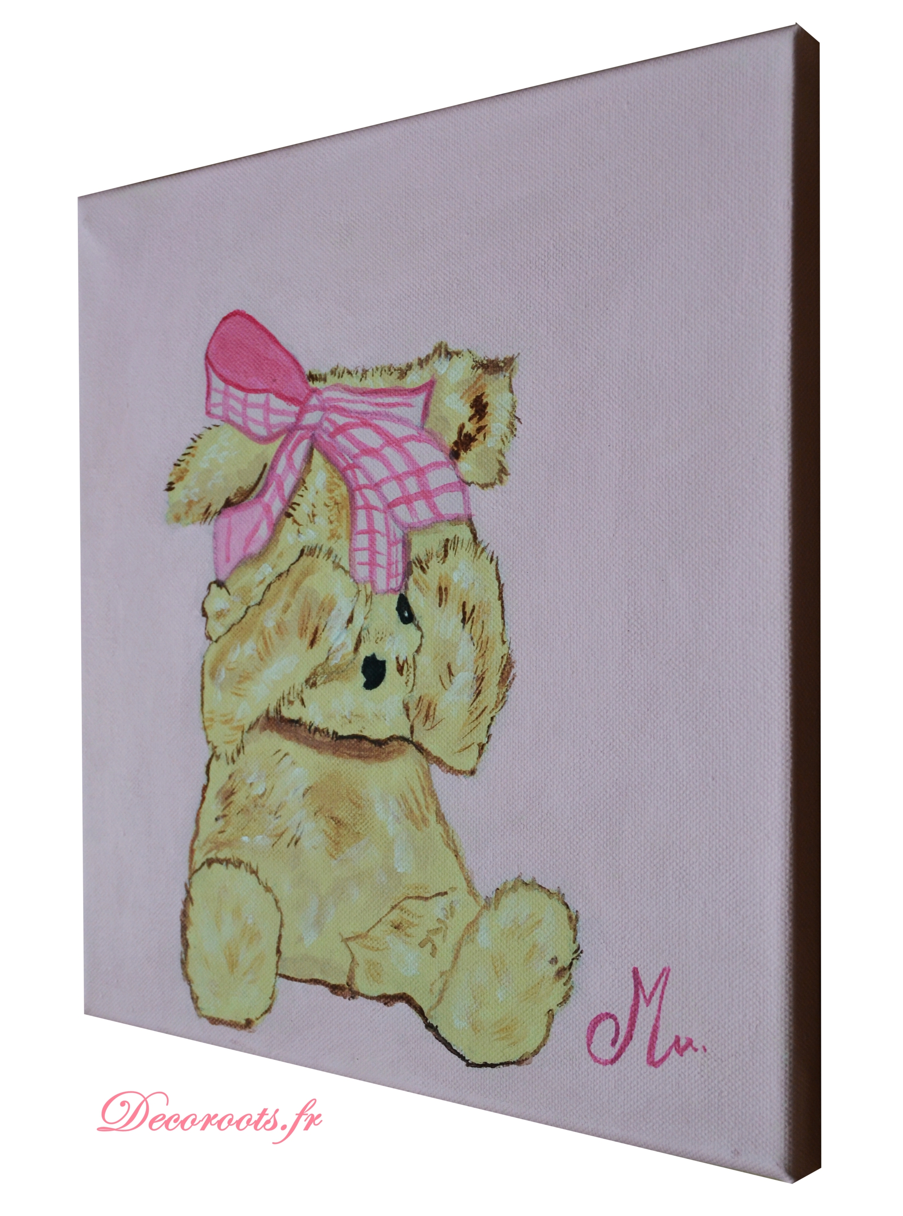 tableau enfant bébé ours rose peint main decoration beige 2