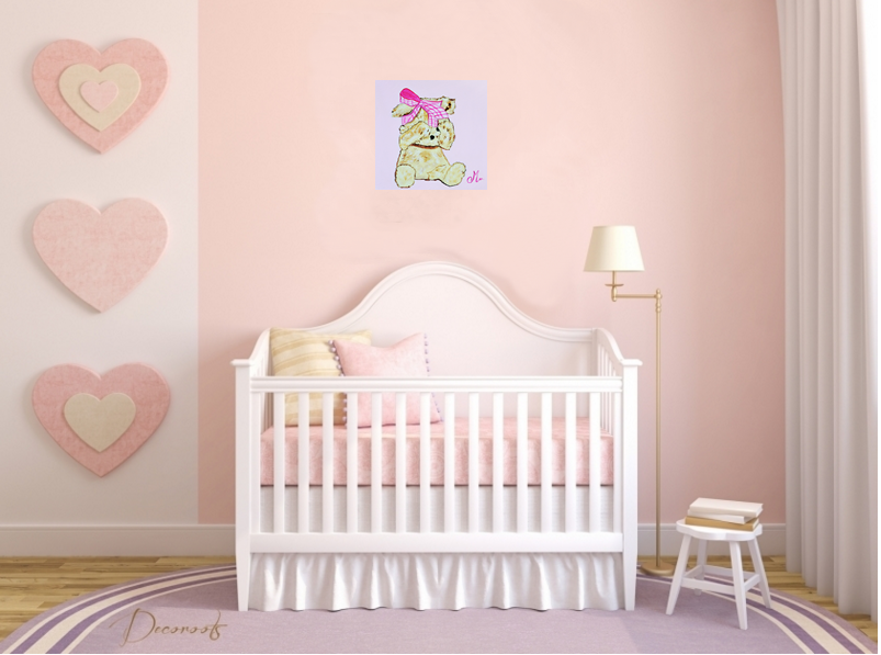 tableau enfant bébé ours rose peint main decoration beige 3