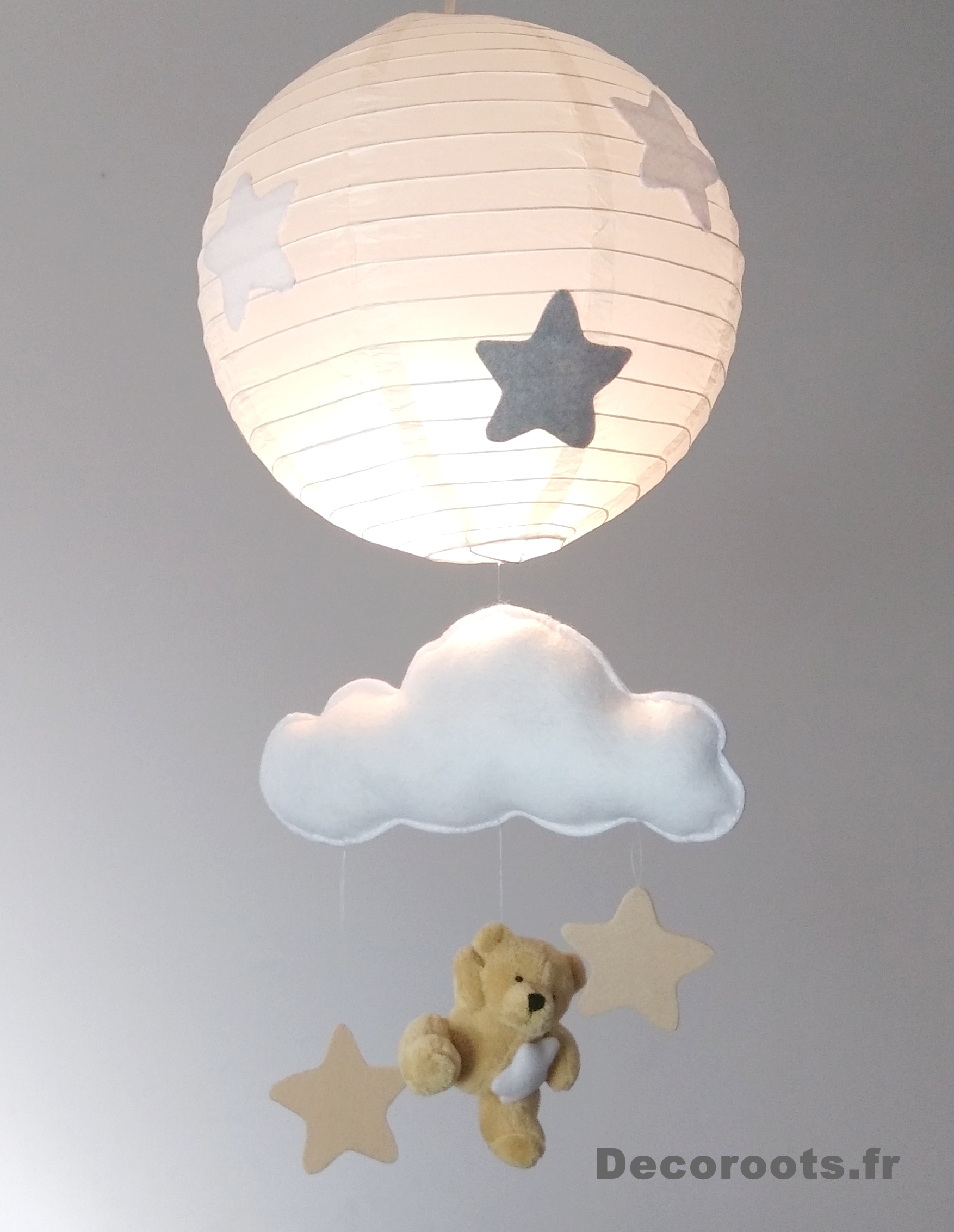 lustre suspension abat jour lampe ours gris beige blanc mixte garçon fille chambre nuage 3