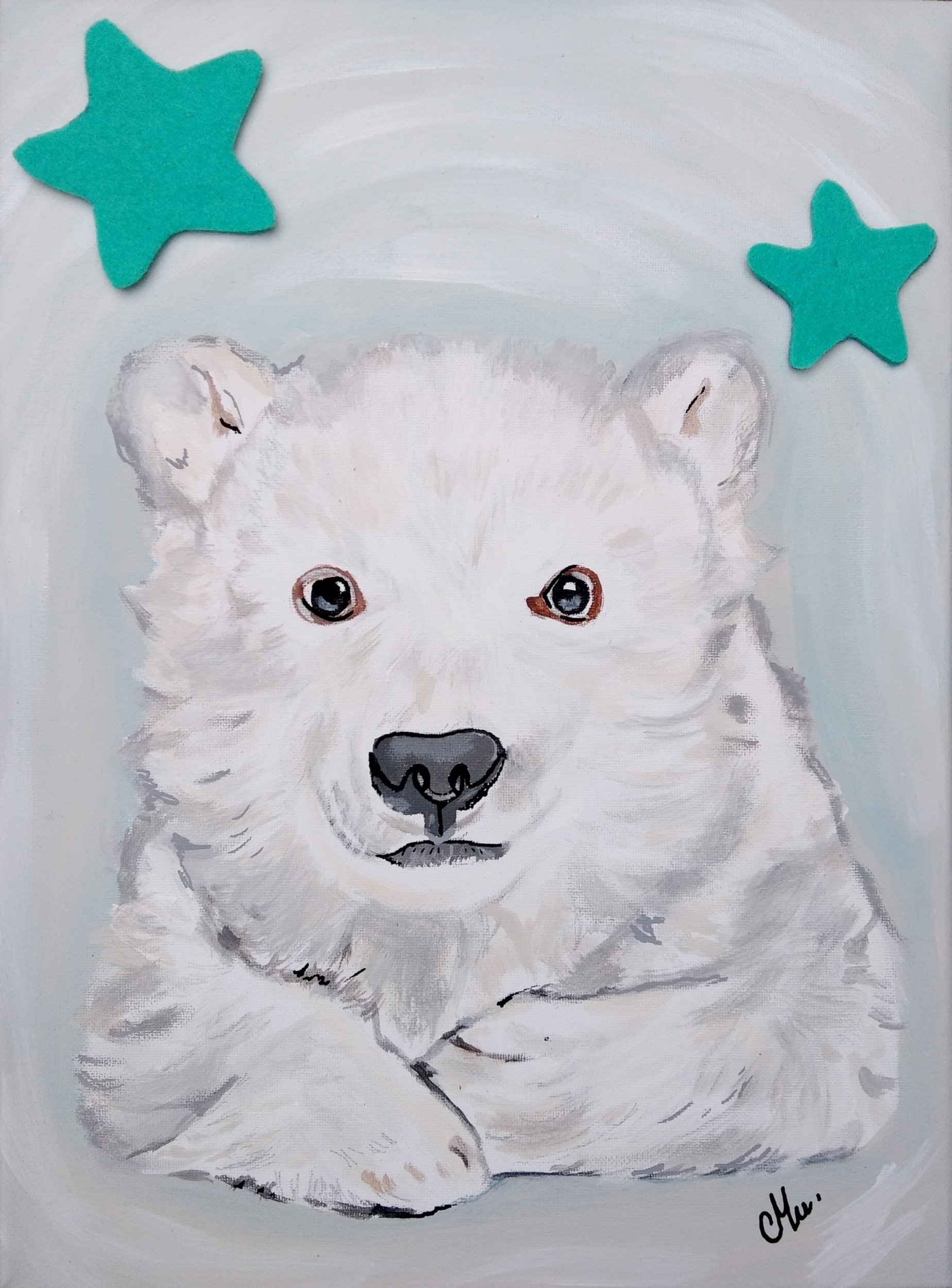 tableau déco enfant bébé ours polaire bleu blanc turquoise
