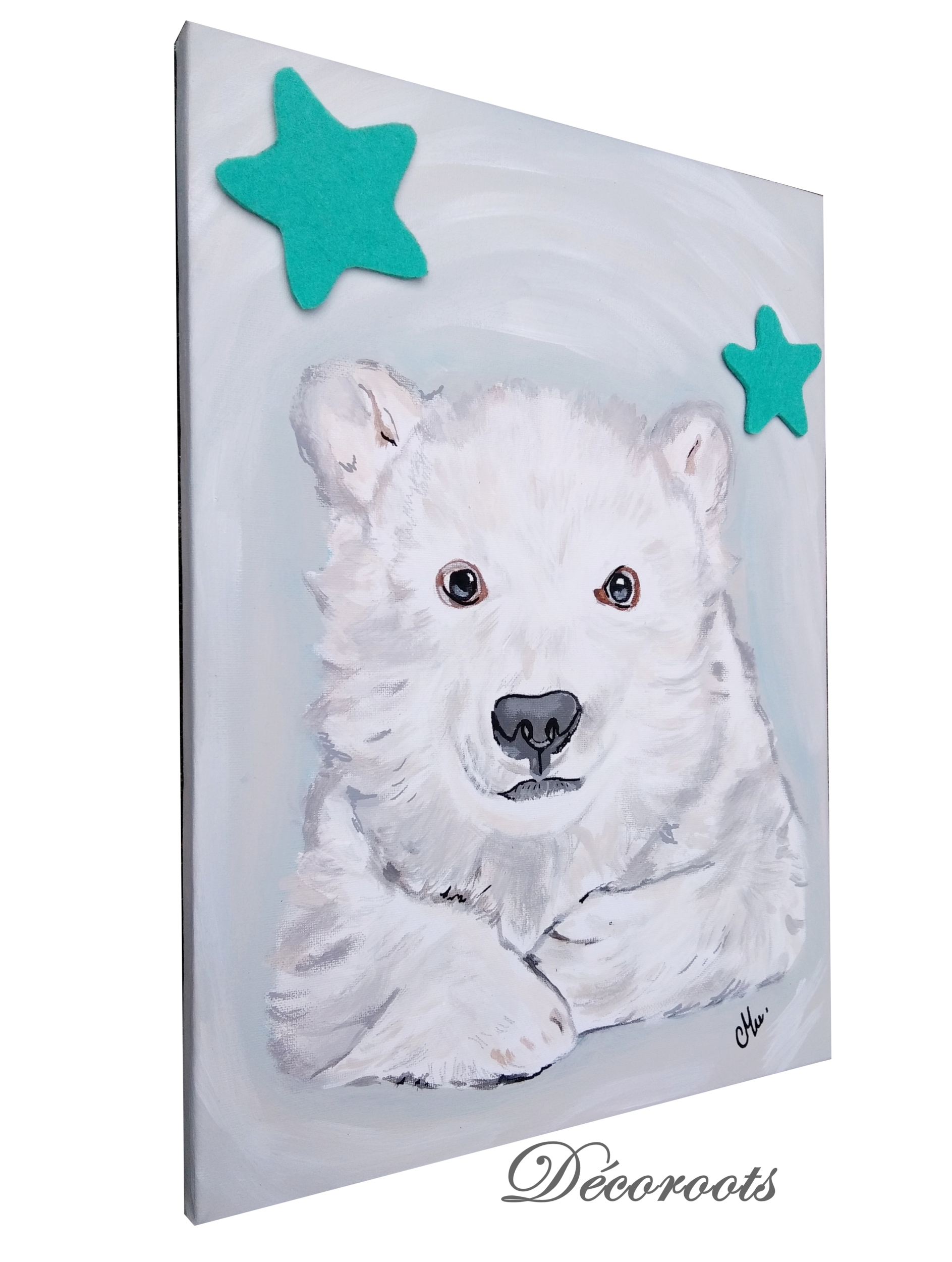 tableau déco enfant bébé ours polaire bleu blanc turquoise étoile