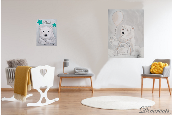 tableau enfant bébé ours polaire gris nuage chambre décoration beige 2
