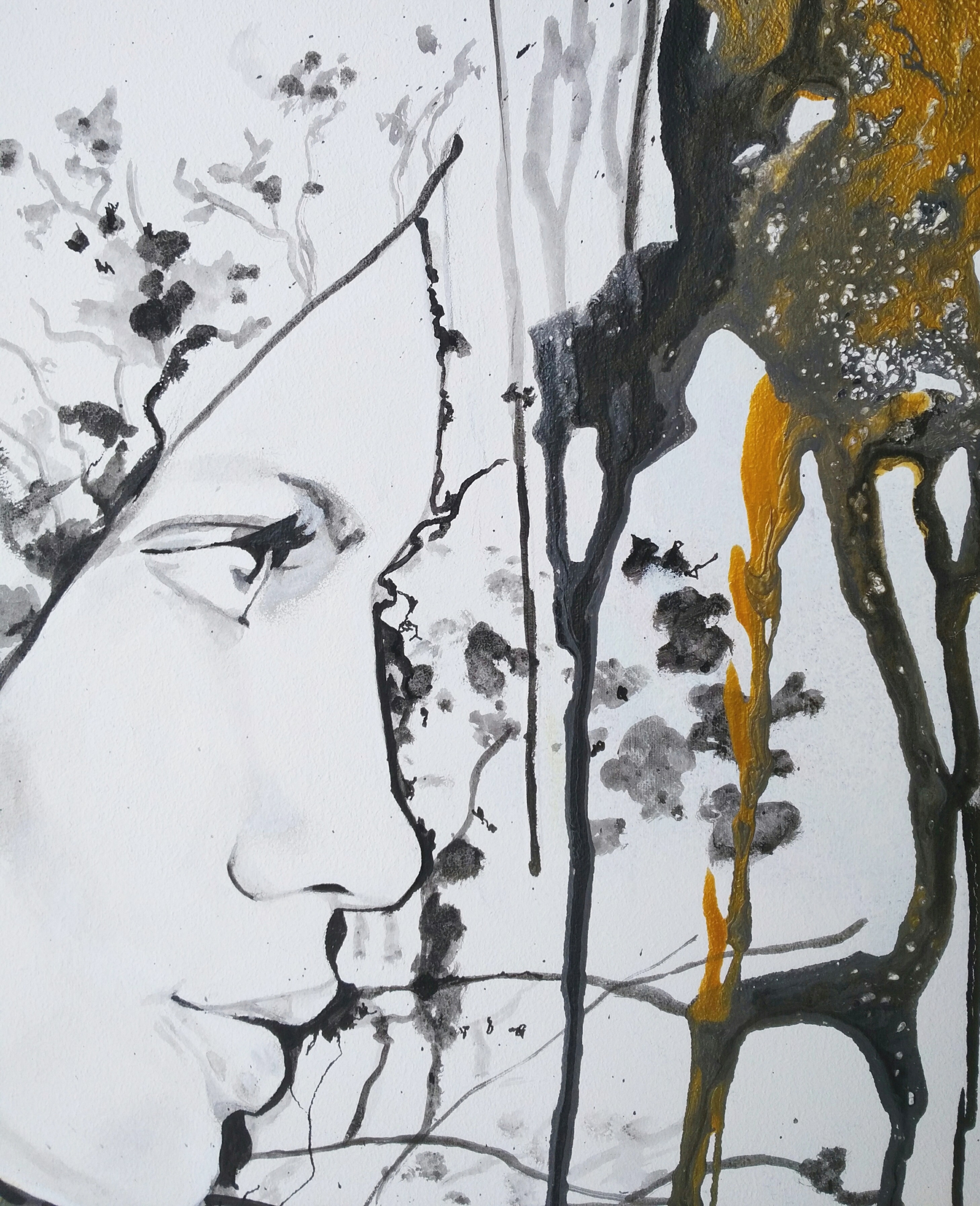 tableau art contemporain design femme visage noir blanc or pluie