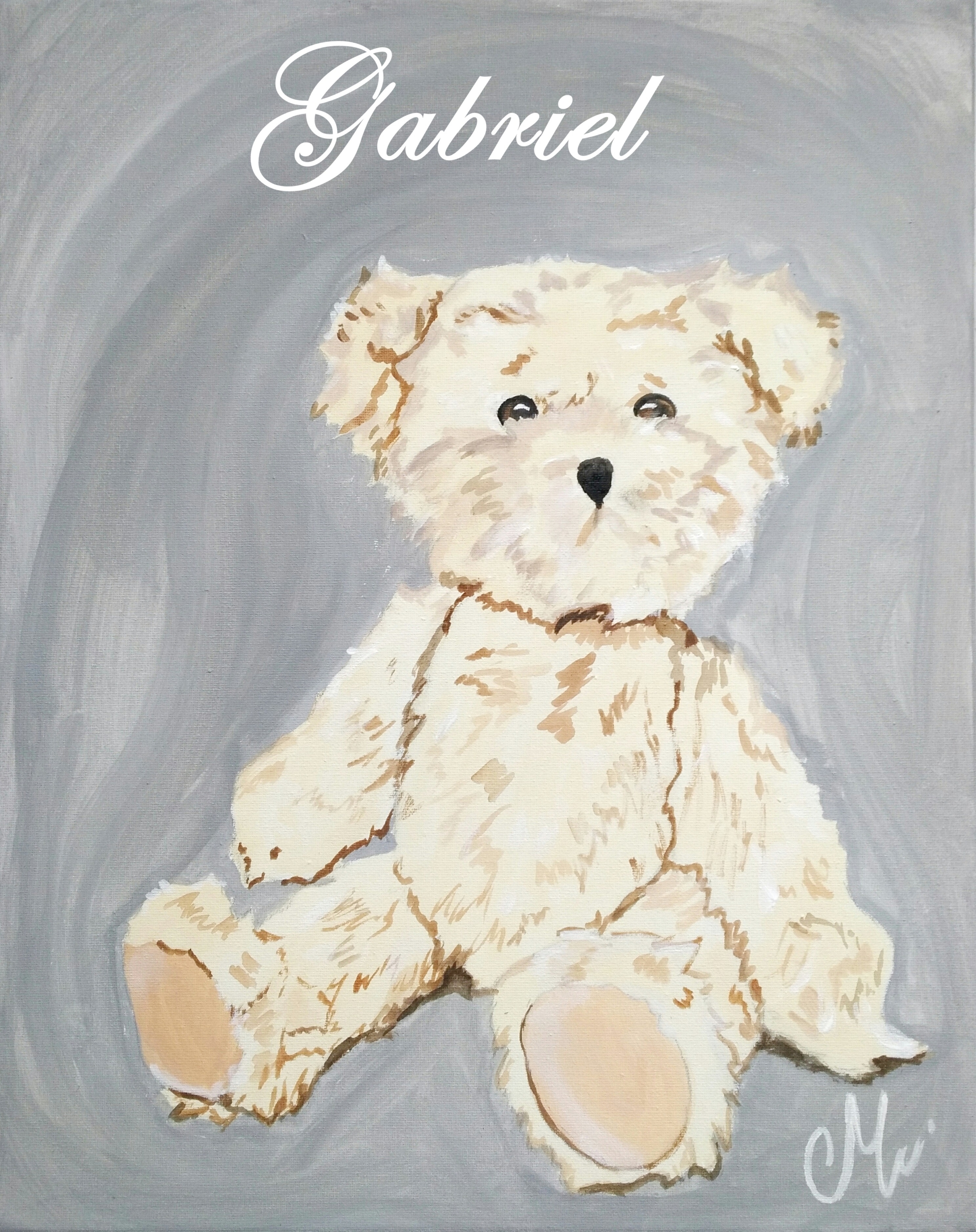 tableau enfant bebe ours peluche gris et beige mixte personnalisable prénom