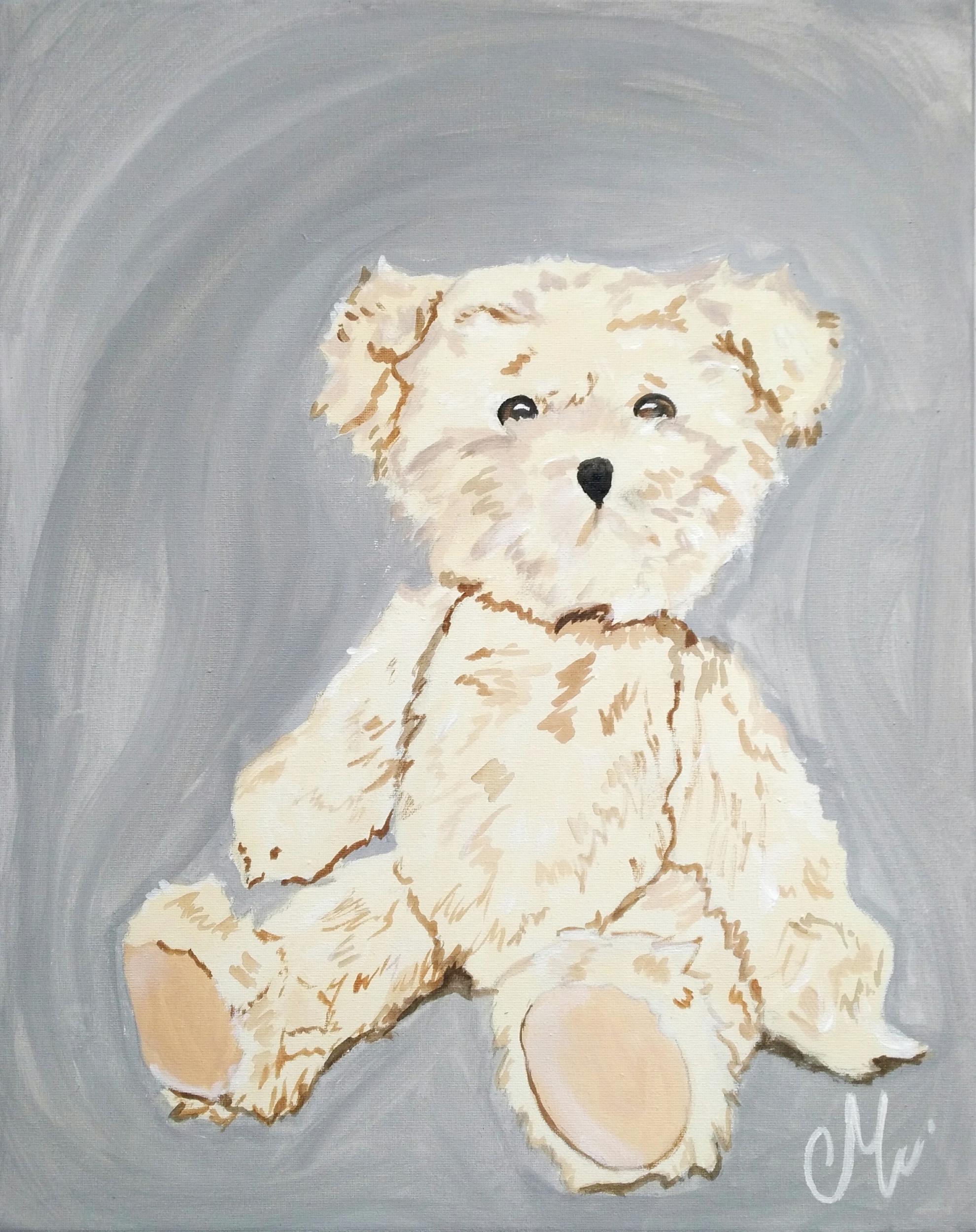tableau enfant bebe ours peluche gris et beige mixte
