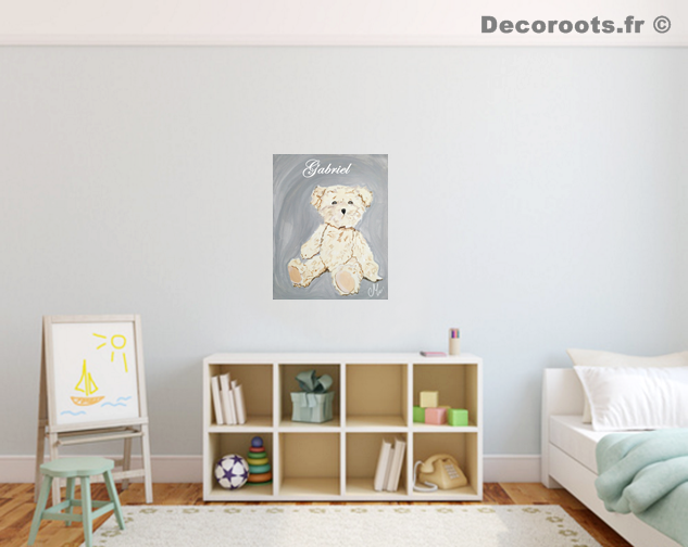 tableau enfant bebe ours peluche gris et beige mixte décoration chambre