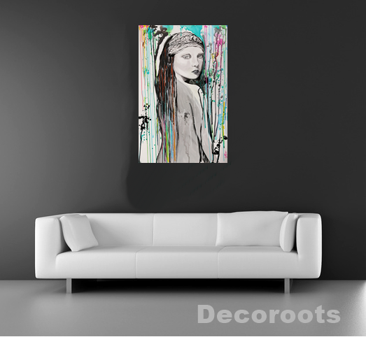 tableau design femme multicolore peint à la main visage noir et blanc art cascade