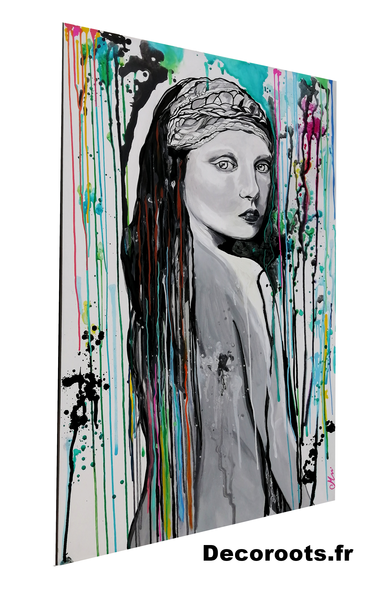 tableau design femme multicolore peint à la main visage noir et blanc art