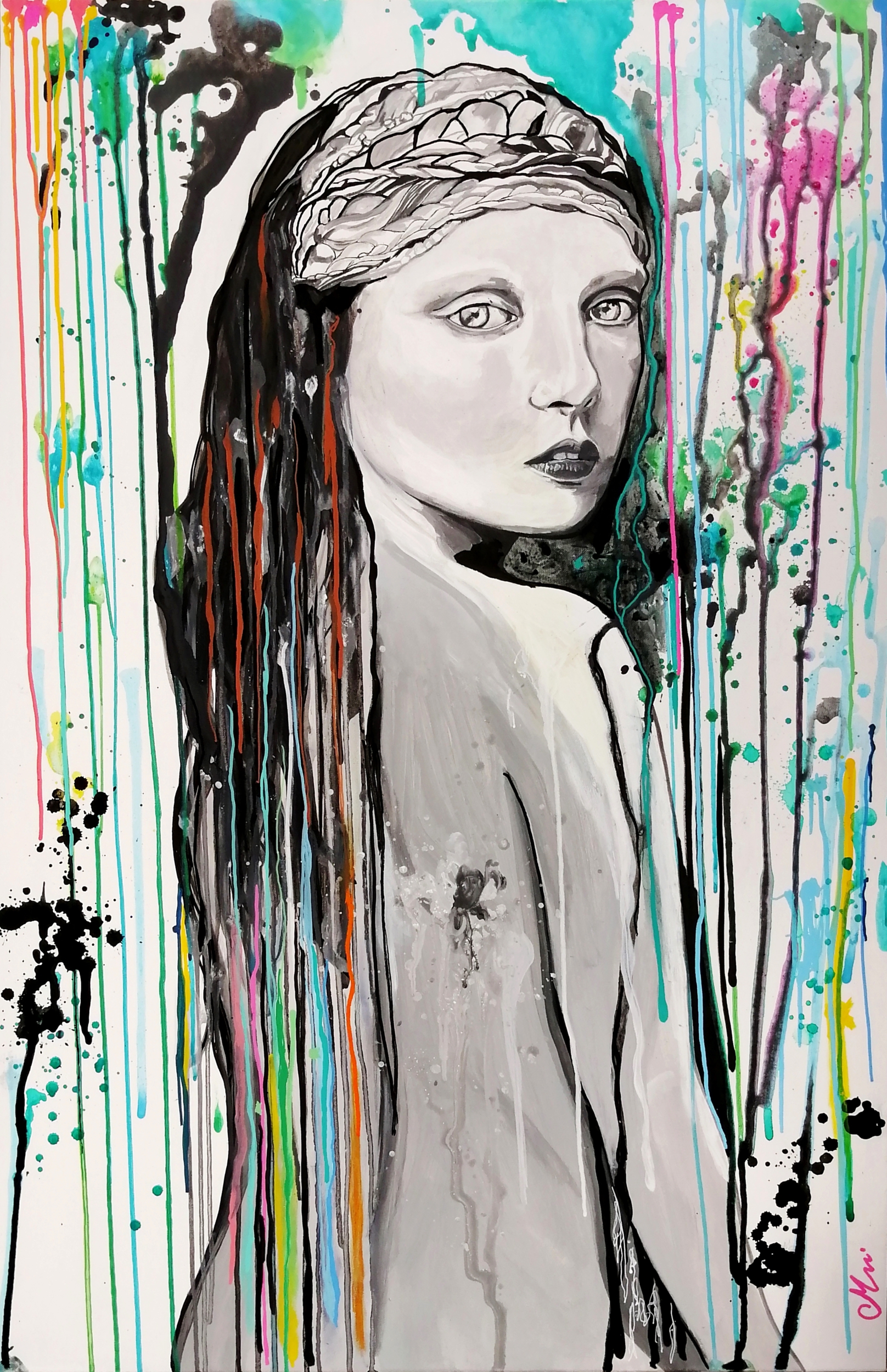 tableau design femme multicolore peint à la main visage noir et blanc