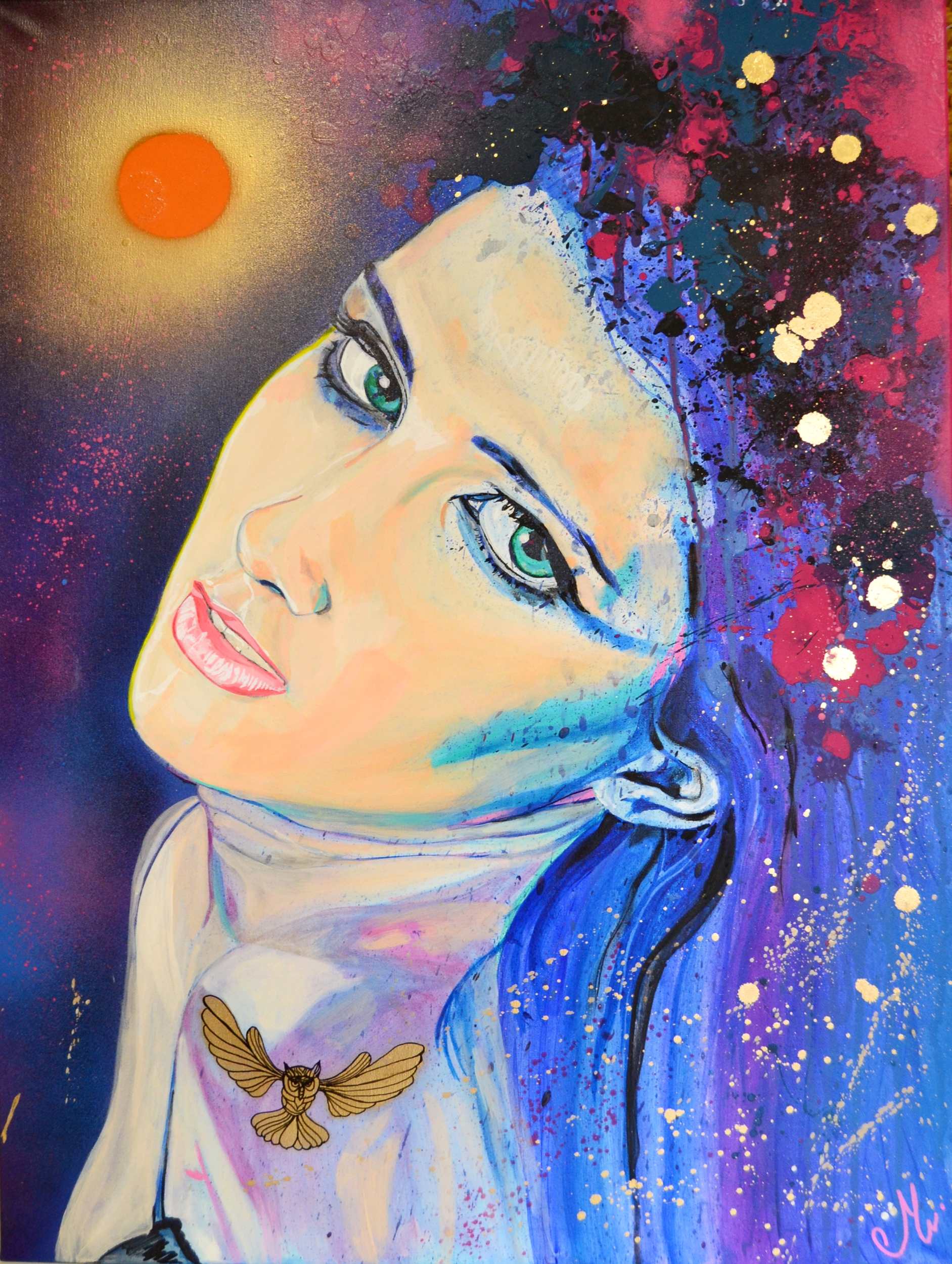tableau art contemporain femme bleue soleil nuit rose doré