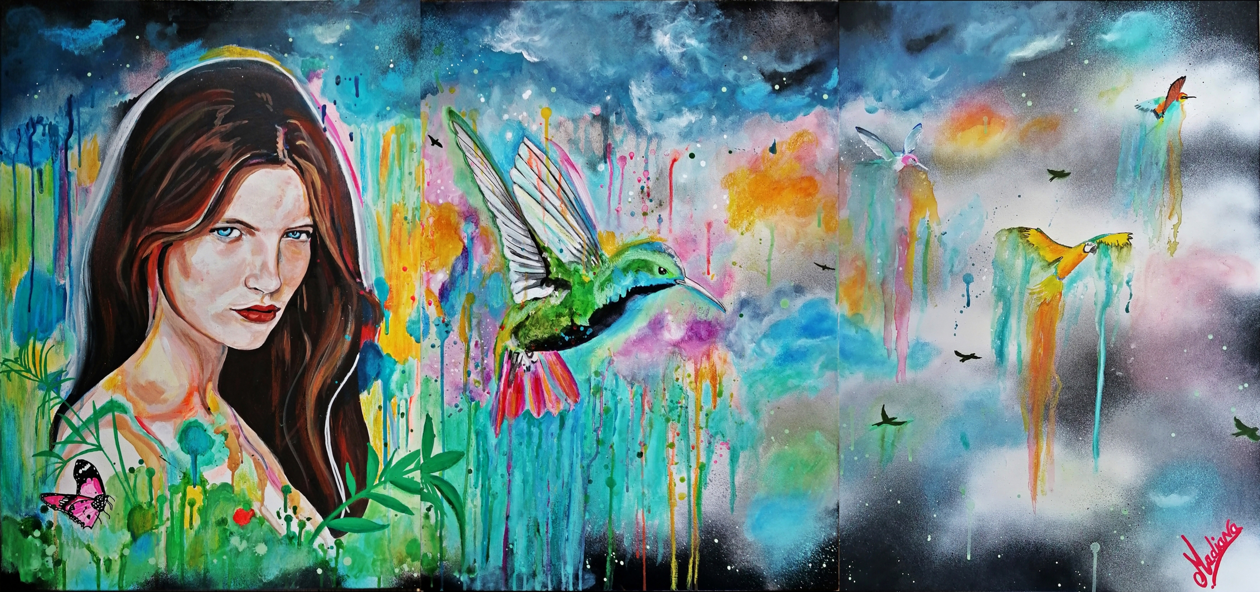 tableau art design contemporain nature femme oiseau colibri 2