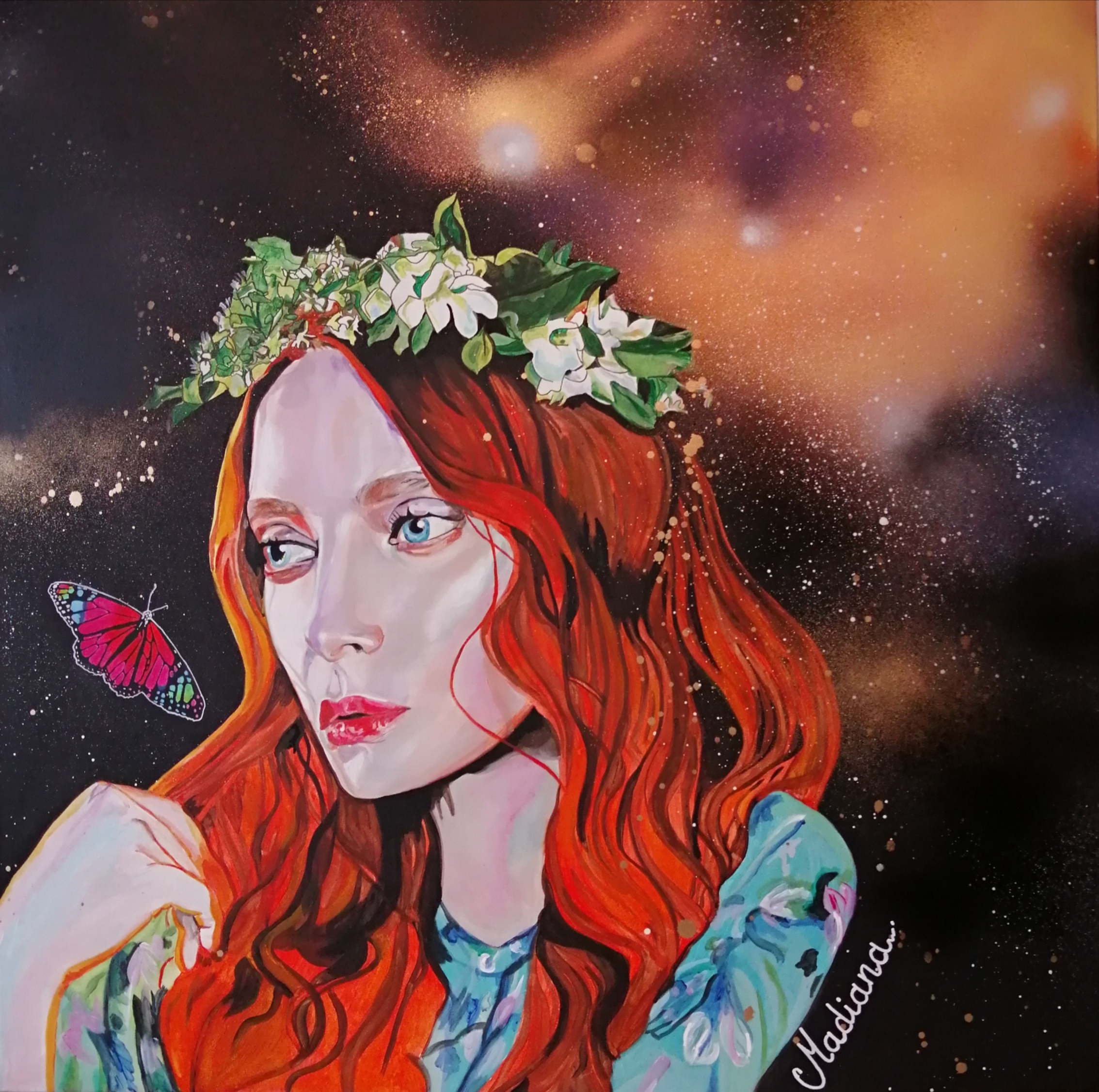 tableau art peintre acrylique aérosol femme espace effet papillon 2