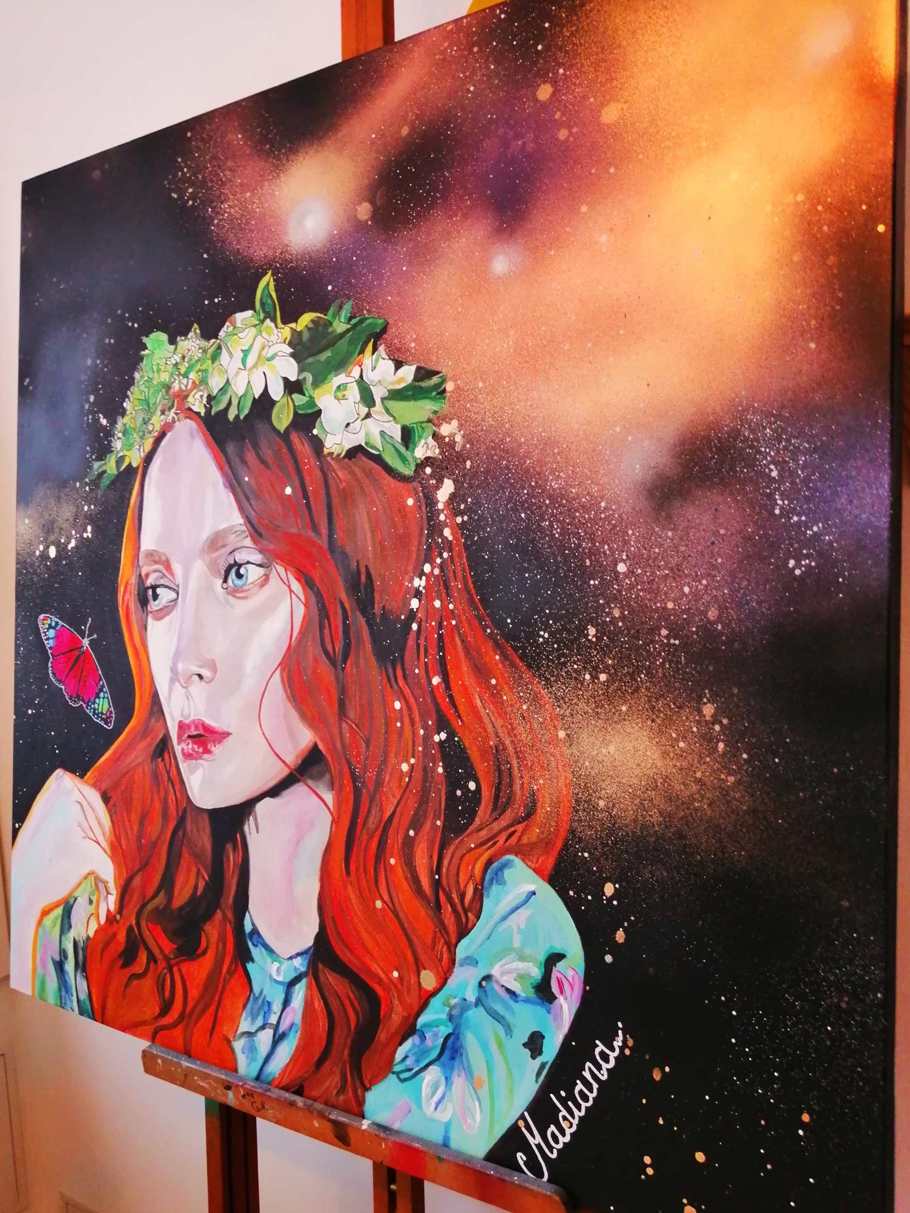 tableau art peintre acrylique aérosol femme espace effet papillon 3