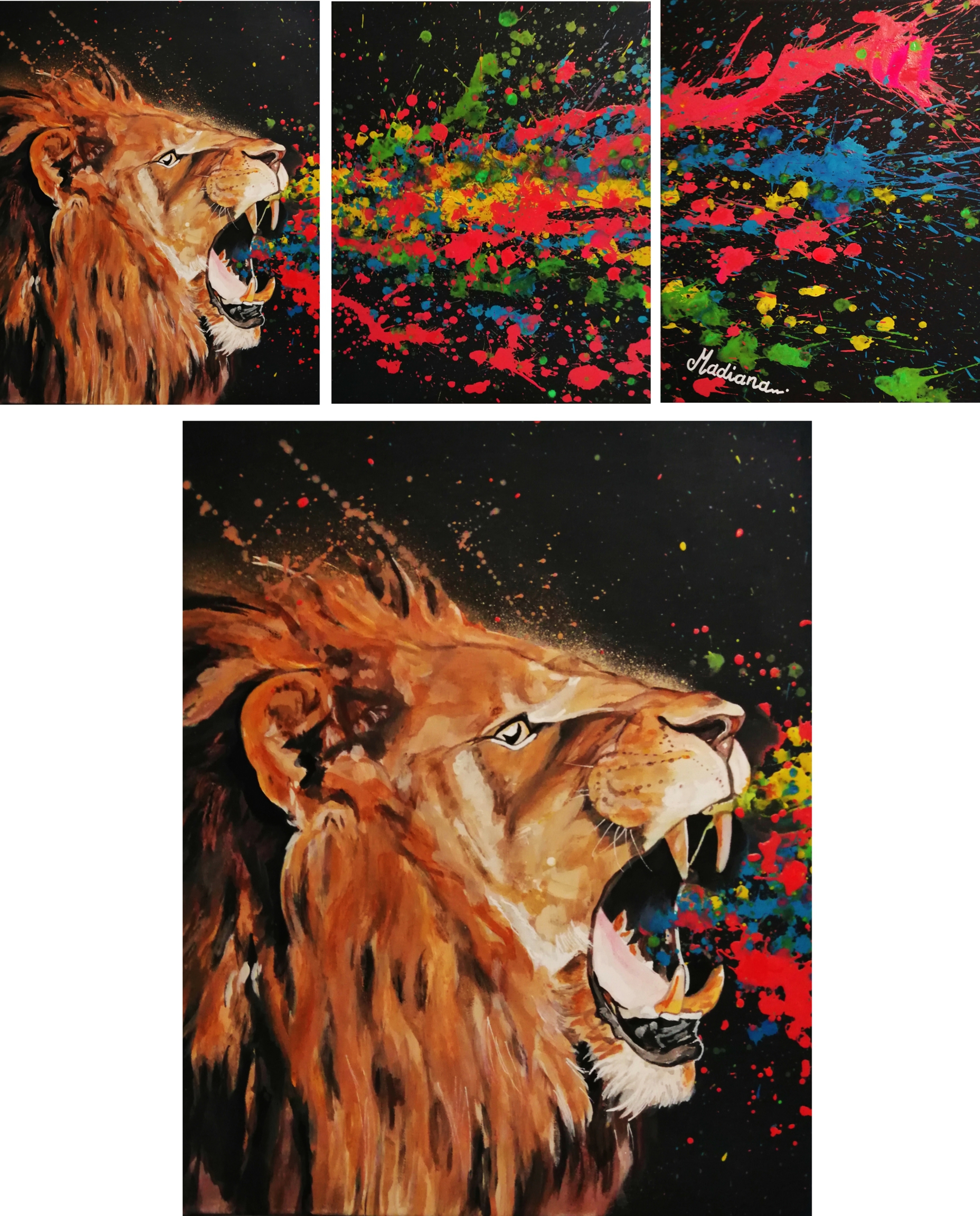 tableau triptyque listen me lion rugissement multicolore 7