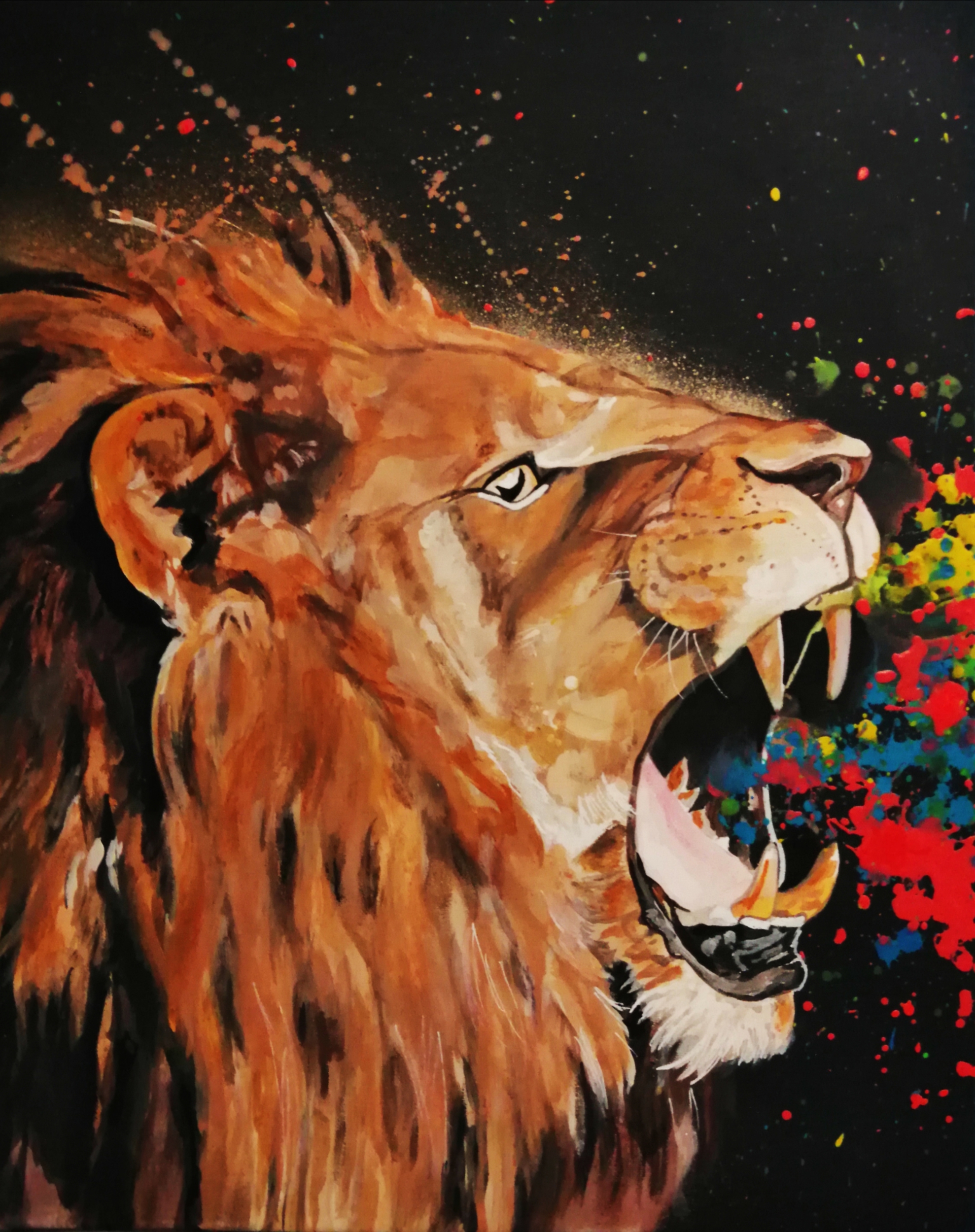 tableau triptyque listen me lion rugissement multicolore