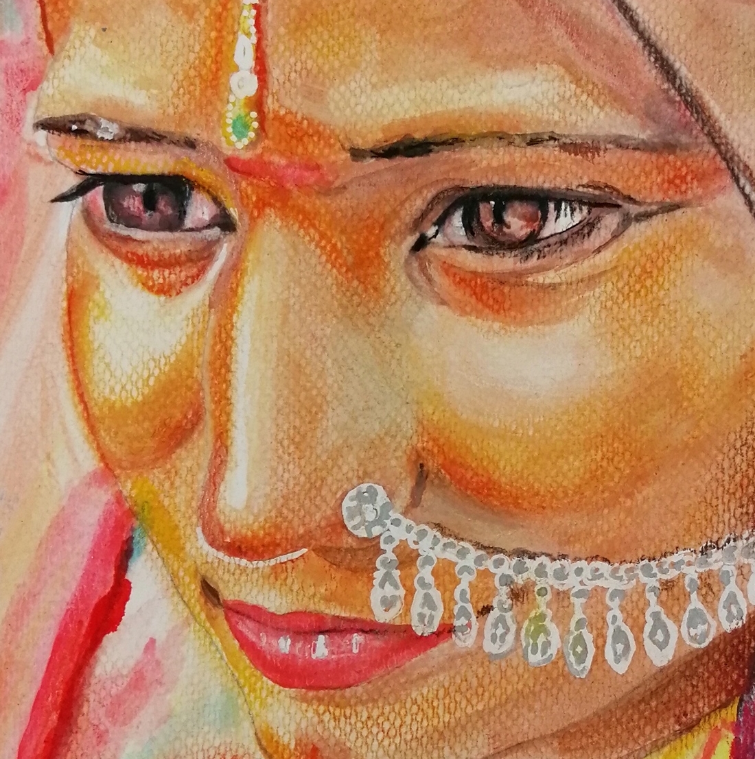 dessin artiste indienne multicolore fusain pastel aquarelle zoom