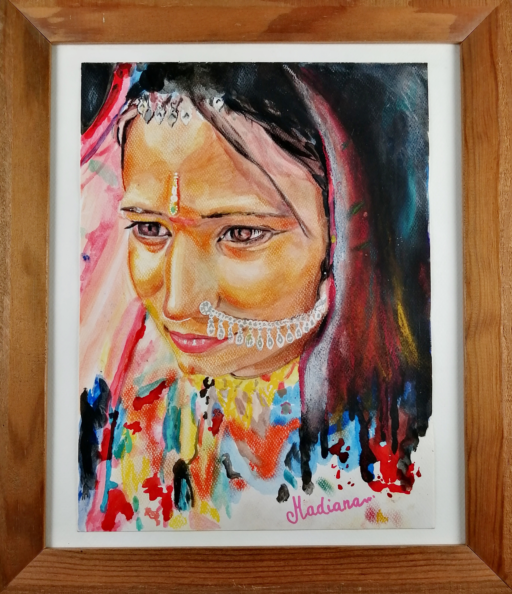 dessin artiste indienne multicolore fusain pastel aquarelle cadre
