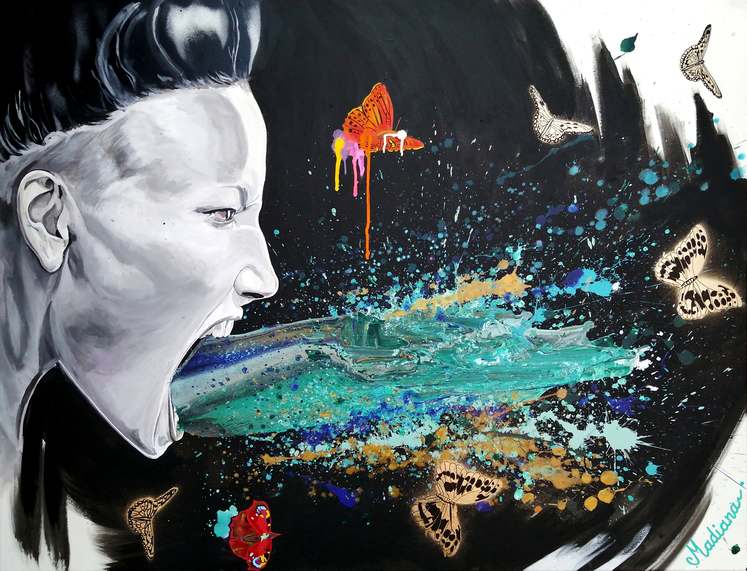 tableau art contemporain femme visage cri tache peinture multicolore