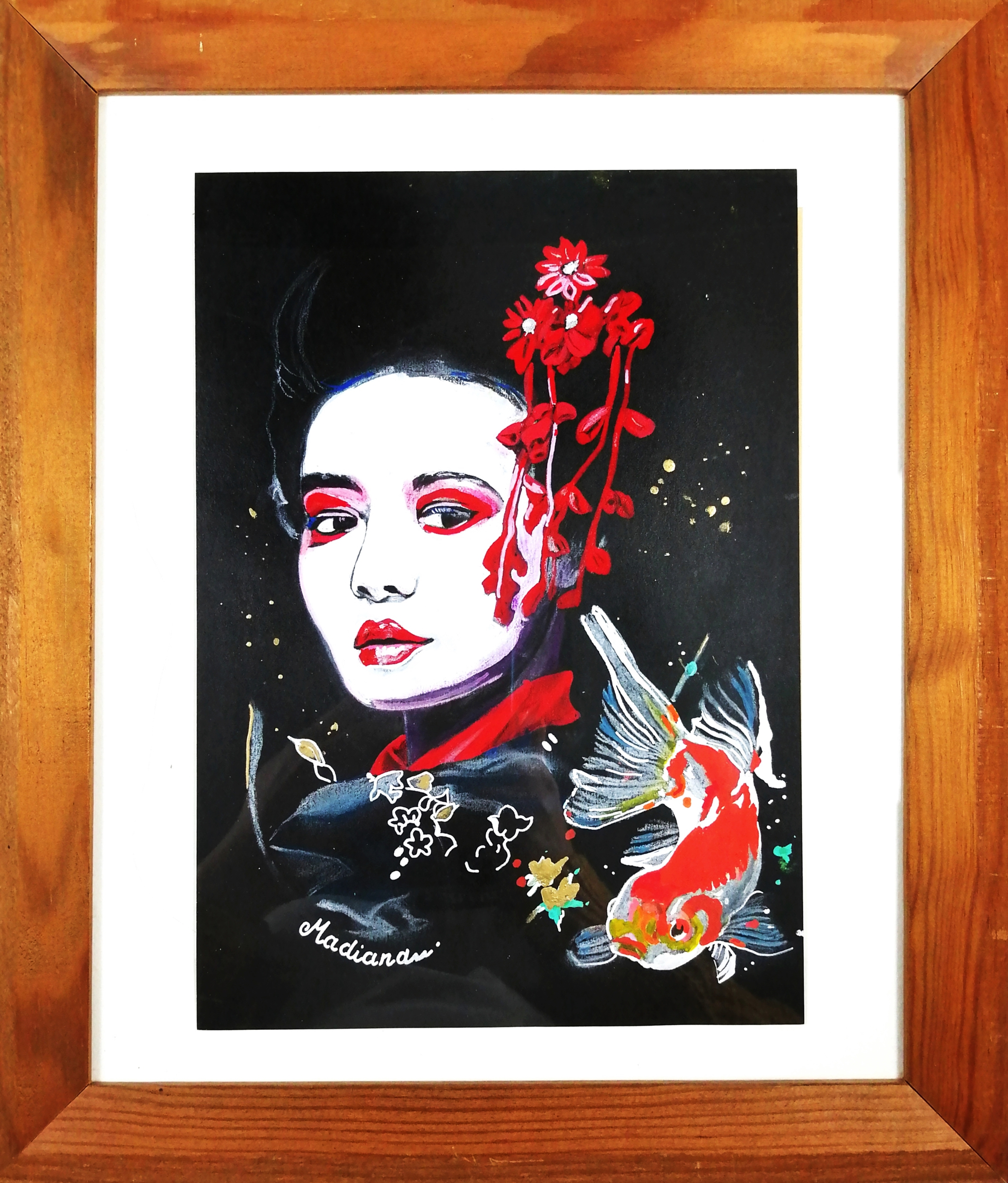 dessin femme geisha carpe koï street art fusain visage cadre