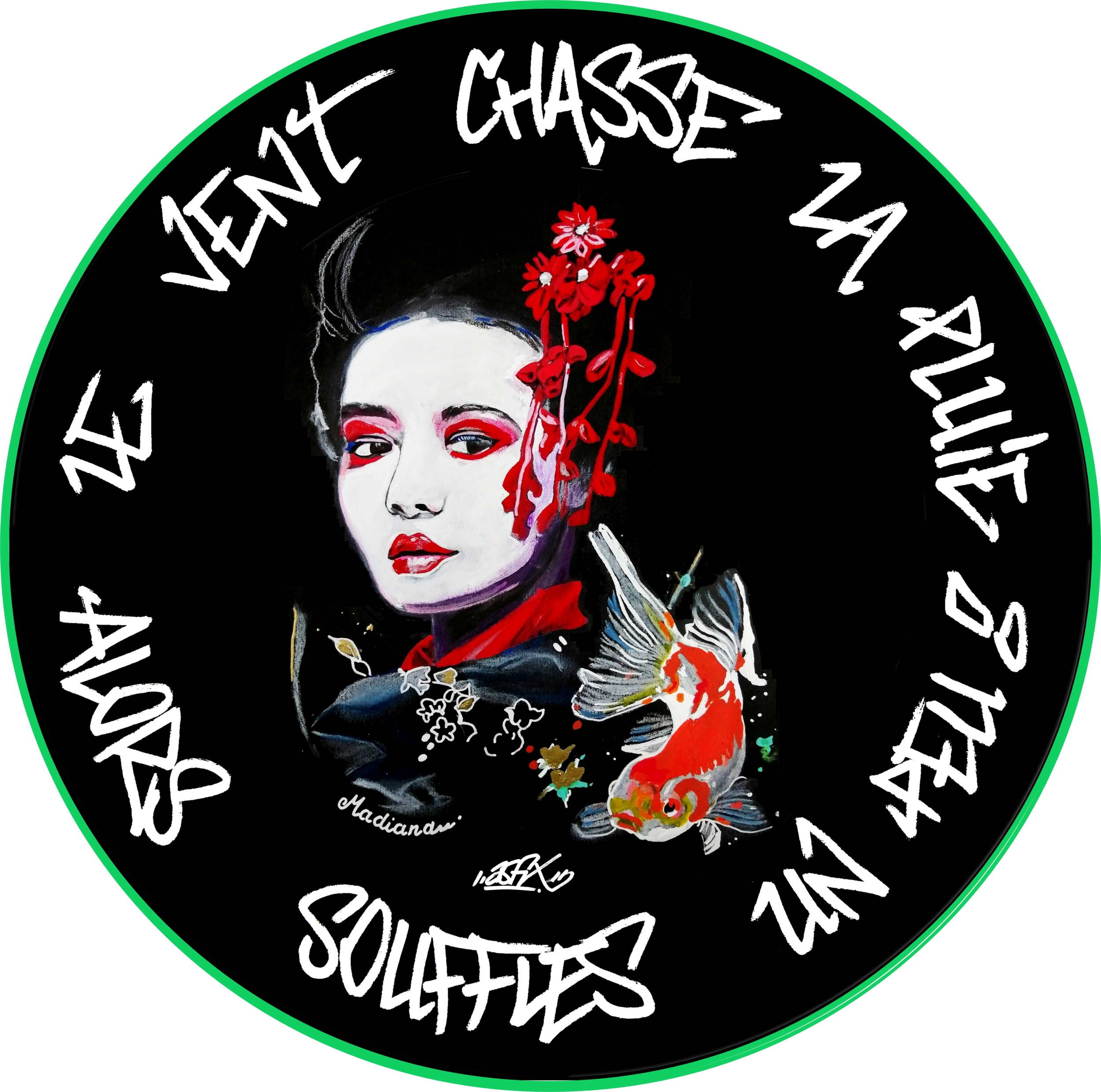 dessin femme geisha carpe koï street art fusain visage tee shirt lettrage cercle vert