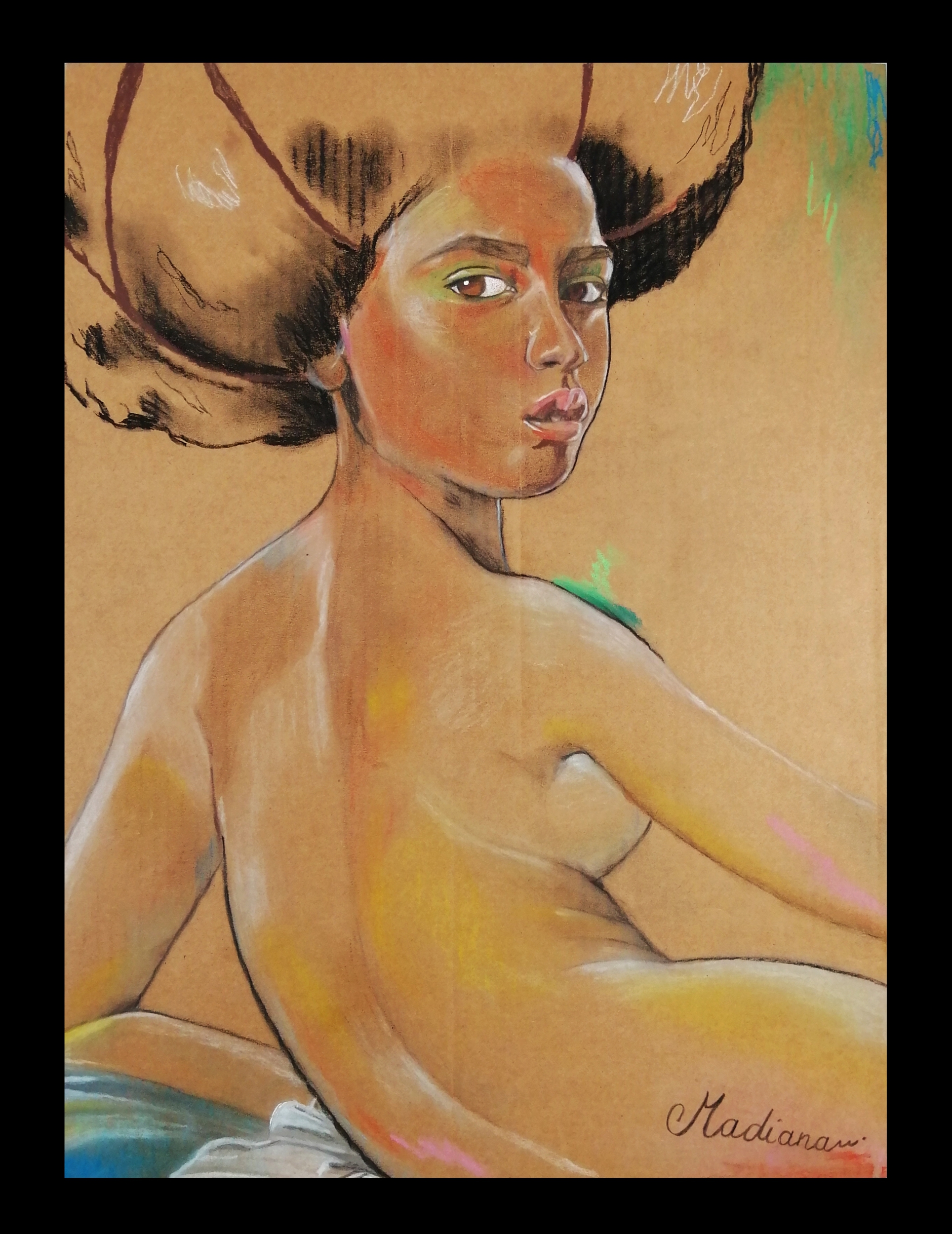 Dessin art femme africaine afrique nue pop visage coupe afro cadre noir