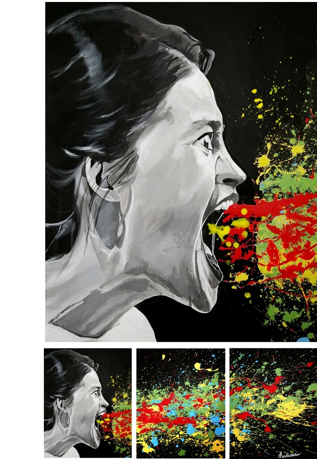 tableau triptyque art contemporain visage  cri noir et blanc multicolore 2