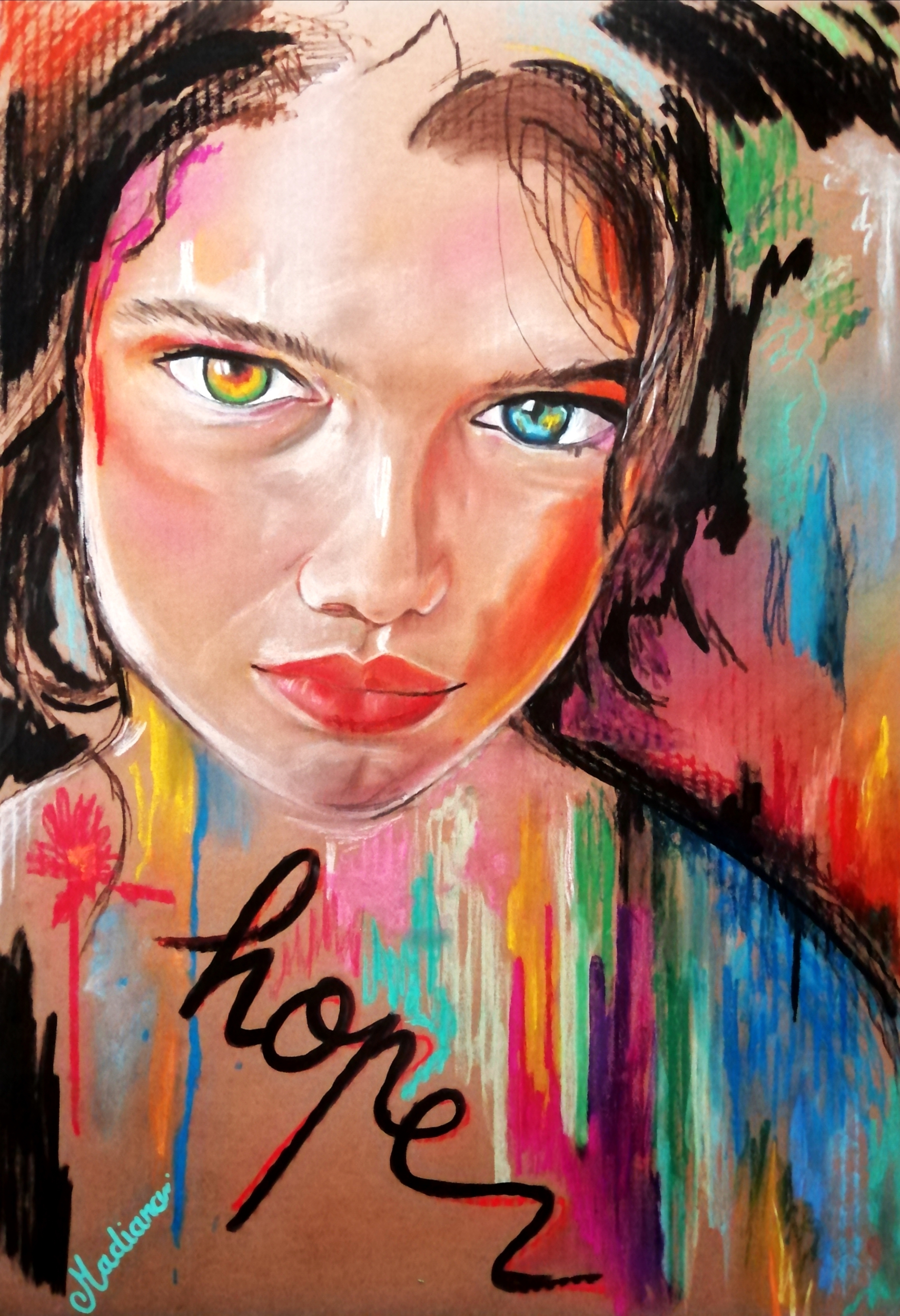 affiche art contemporain carton hope visage portrait femme multicolore