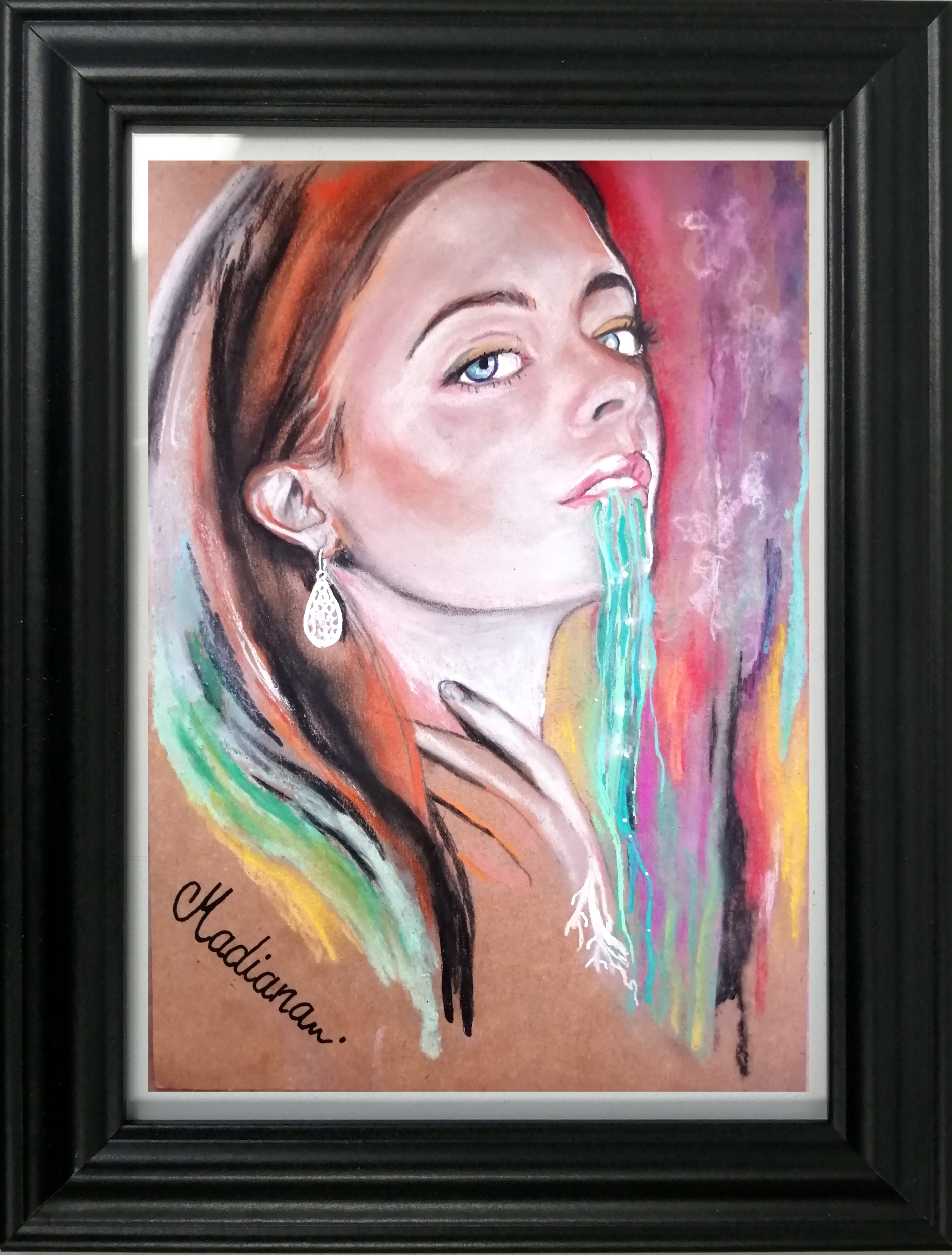 dessin art contemporain portrait femme multicolore boomerang décoration cadre