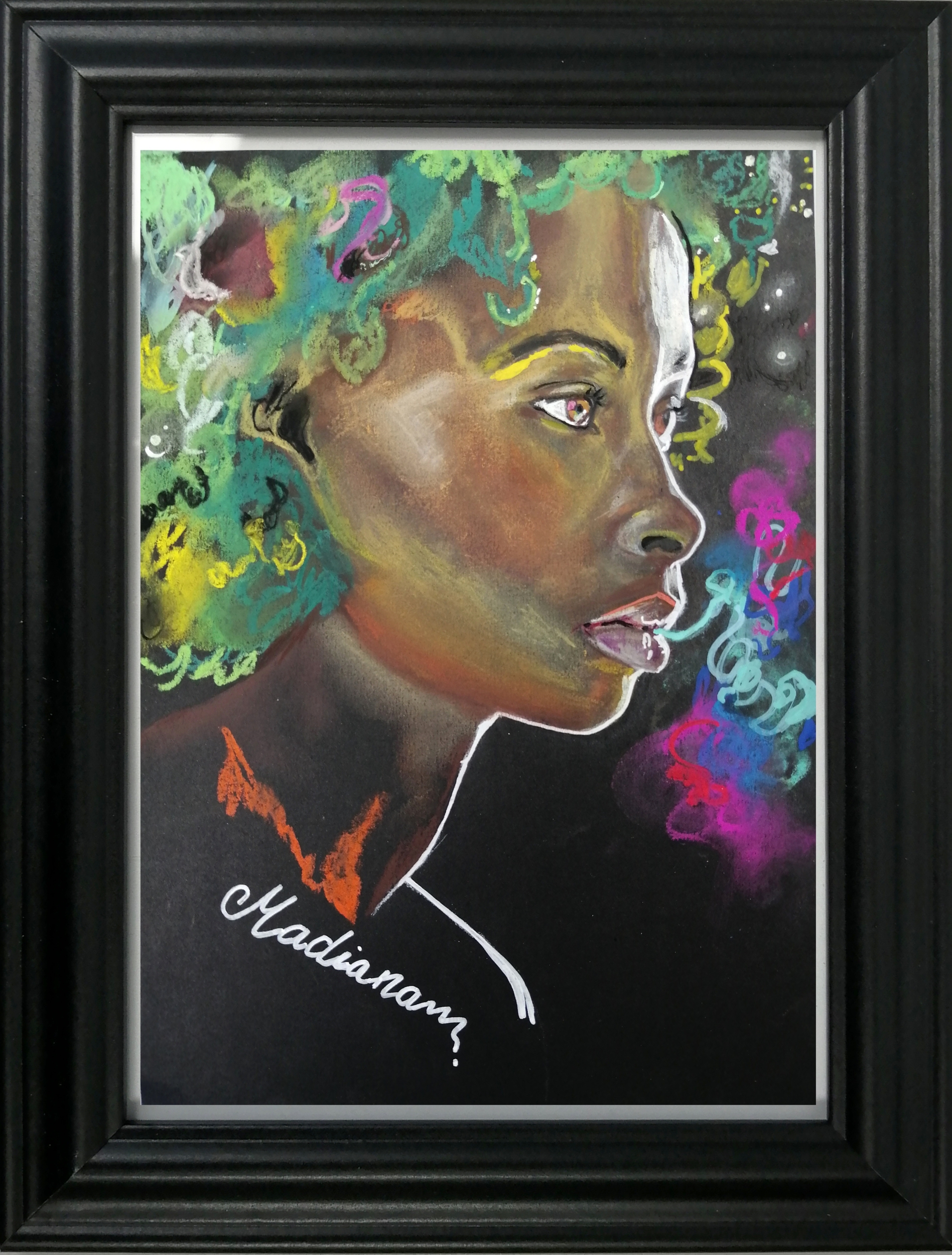 dessin art contemporain femme noire multicolore cadre