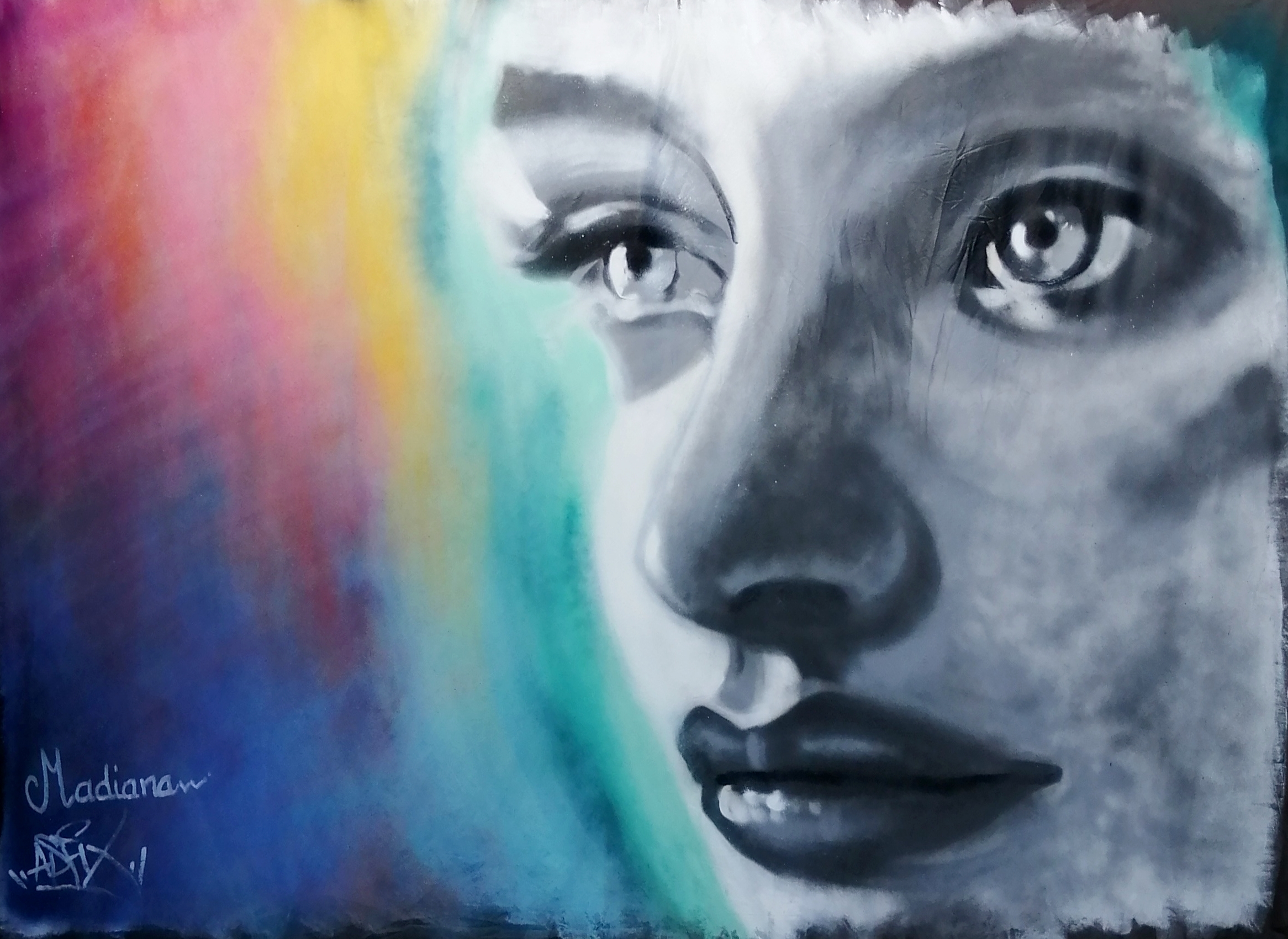 tableau art contemporain street art graffiti visage portrait noir et lanc multicolore