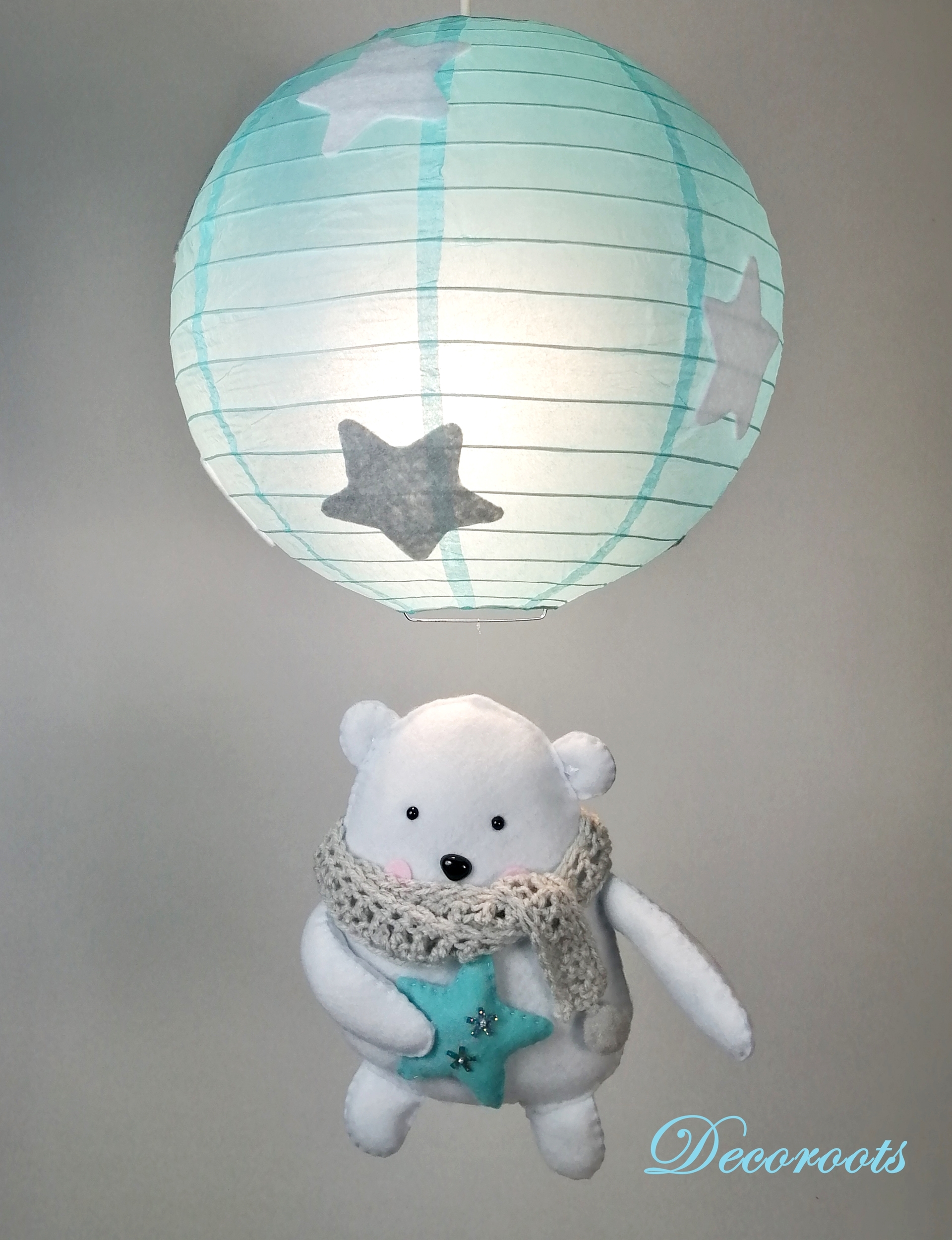 lampe enfant bébé garçon ours polaire bleu truquoise blanc gris étoile naissance cadeau peluche allumée