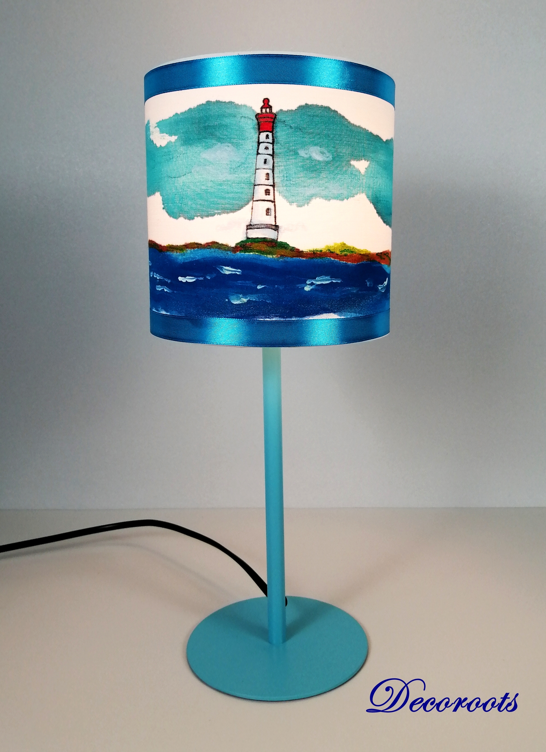 lampe chevet enfant bébé phare bleu turquoise ciel blanc rouge luminaire bretagne