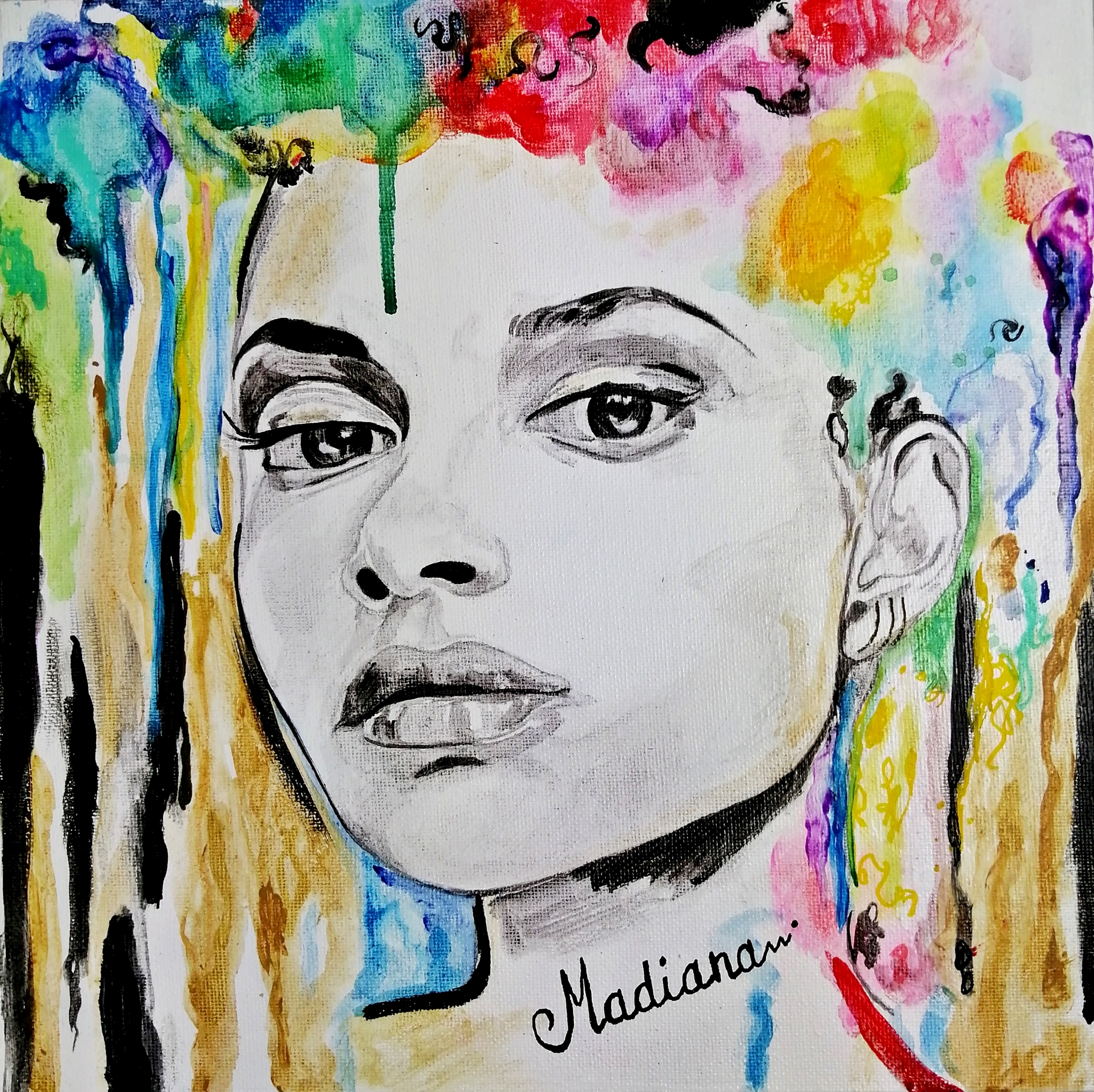 affiche art contemporain portrait femme noir et blanc multicolore