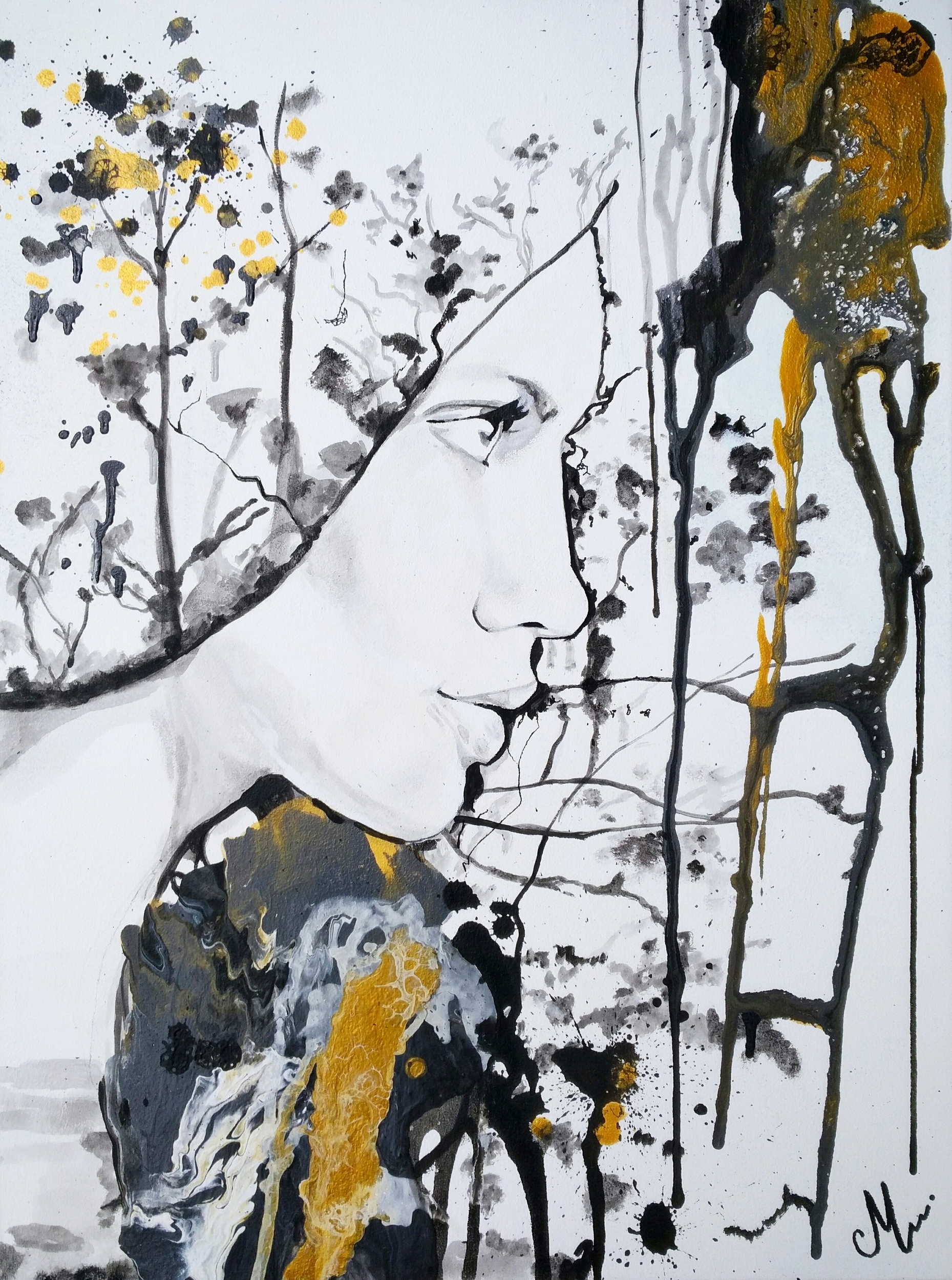 reproduction tableau art contemporain design femme visage noir et blanc or pluie toile