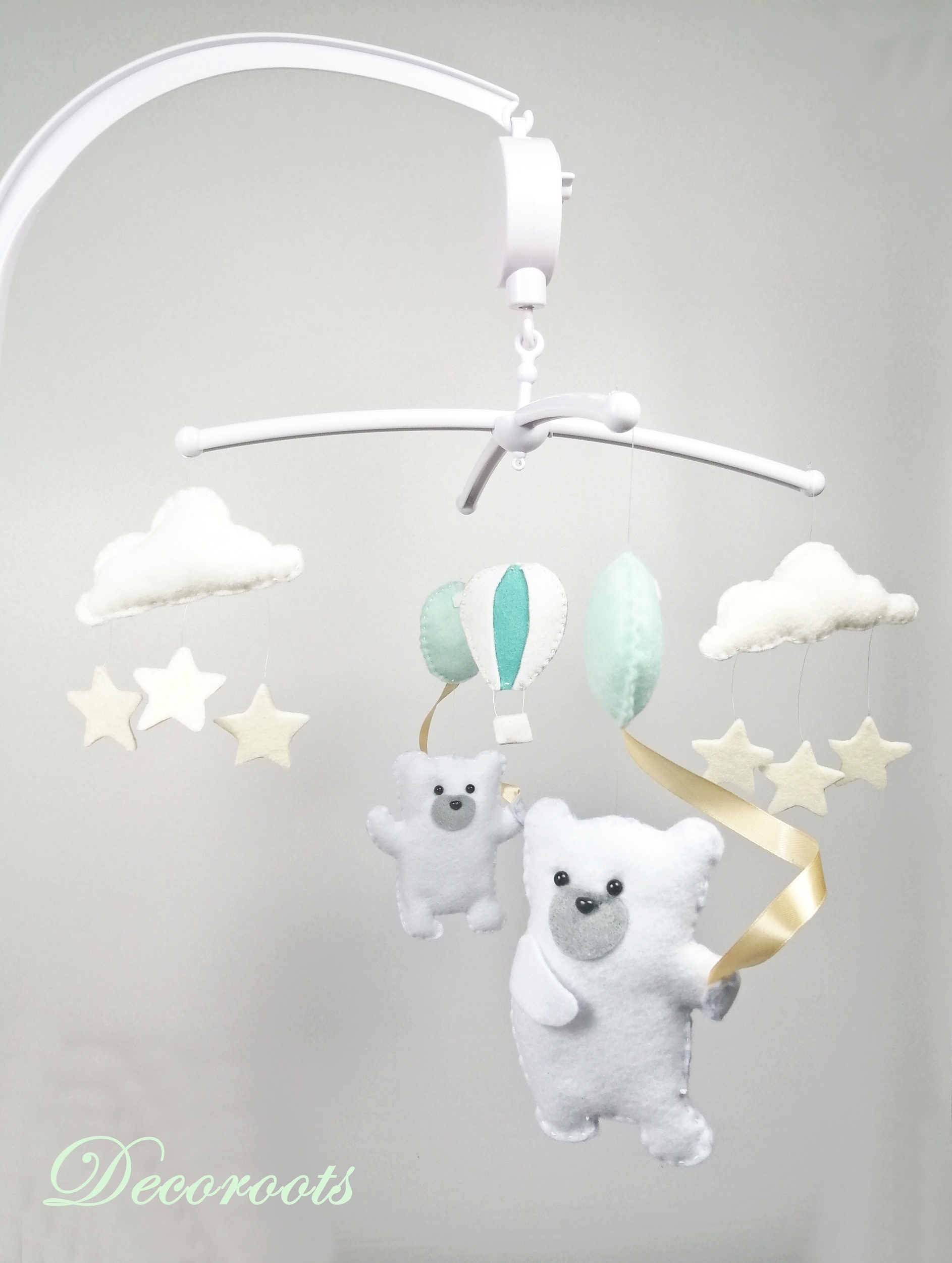 mobile bebe musical ours beige blanc vert menthe pastel montgolfiere